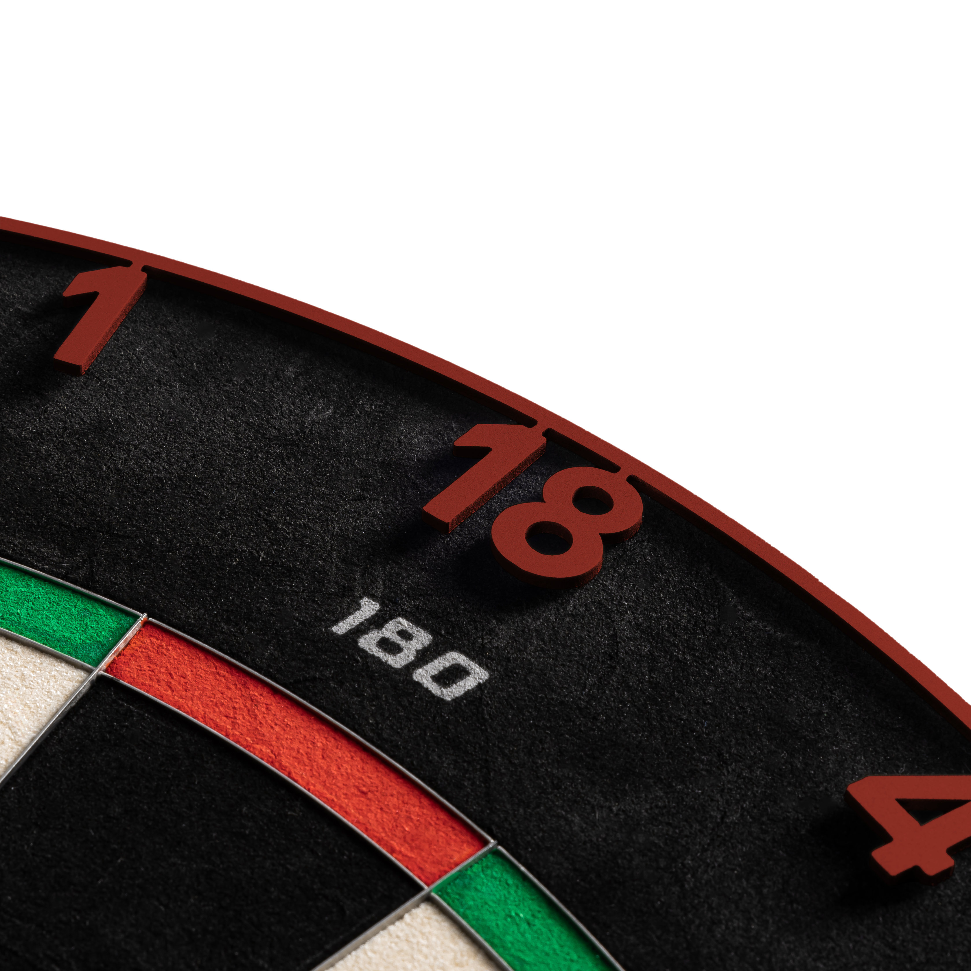 Precise 180 Endorphine Steel Dartboard with Numbered Ring - Faded Red Gezeigt wird das Precise 180 Endorphine Steeldartboard mit Nummernring in Faded Red. Das Bild beschreibt das Produkt für den Dartbereich.