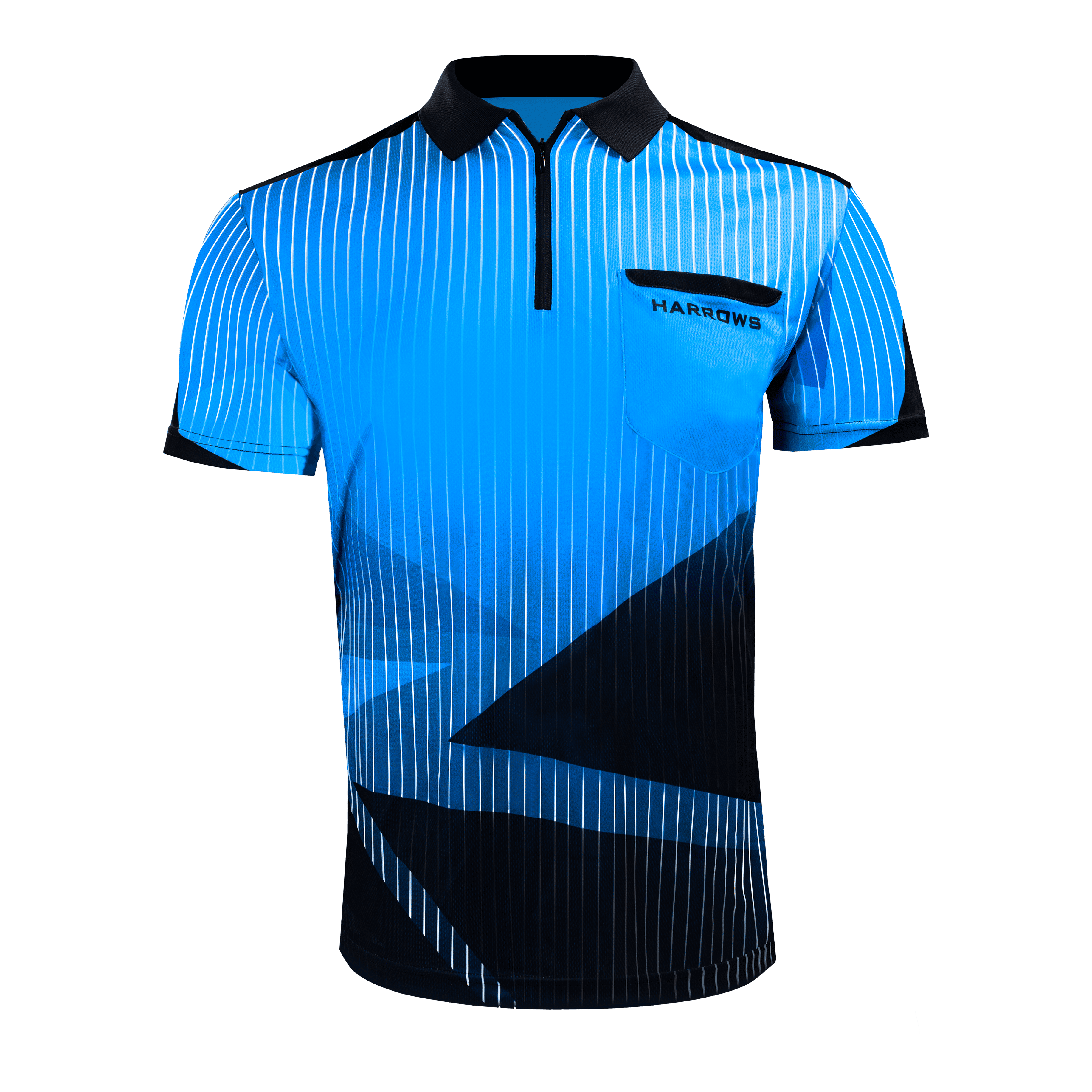 Harrows Shard Dartshirt - Blau Das Bild zeigt ein blaues Dartshirt mit schwarzen und weißen Akzenten. Auf der Brusttasche steht das Wort "Harrows".