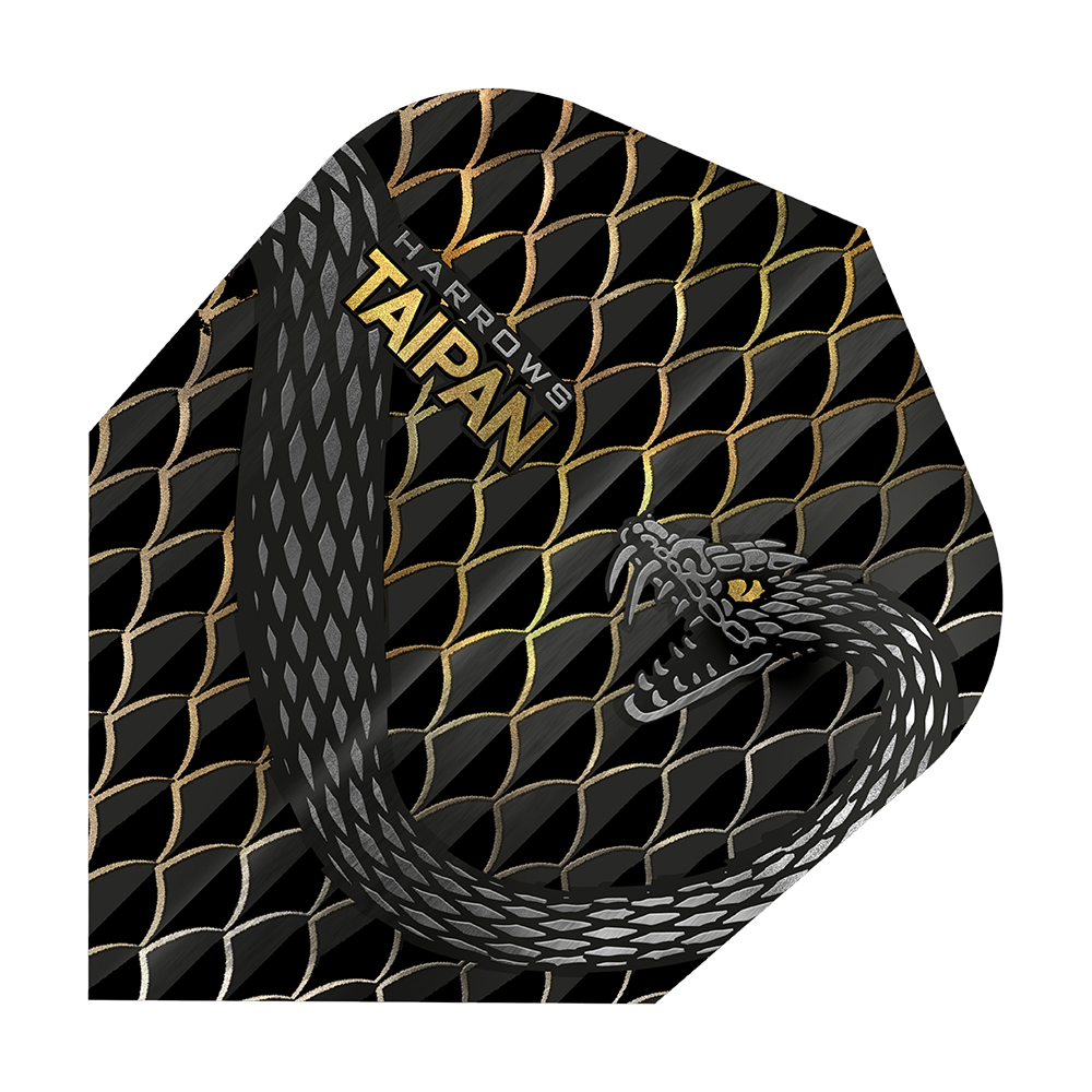 HR25_Harrows_Taipan_Gold_Standard_Flights_1 Das Bild zeigt ein Dart-Flight mit dem Namen "Harrows Taipan". Das Design ist schwarz-gold mit einer Schlangenschuppe und einer gezeichneten Schlange.
