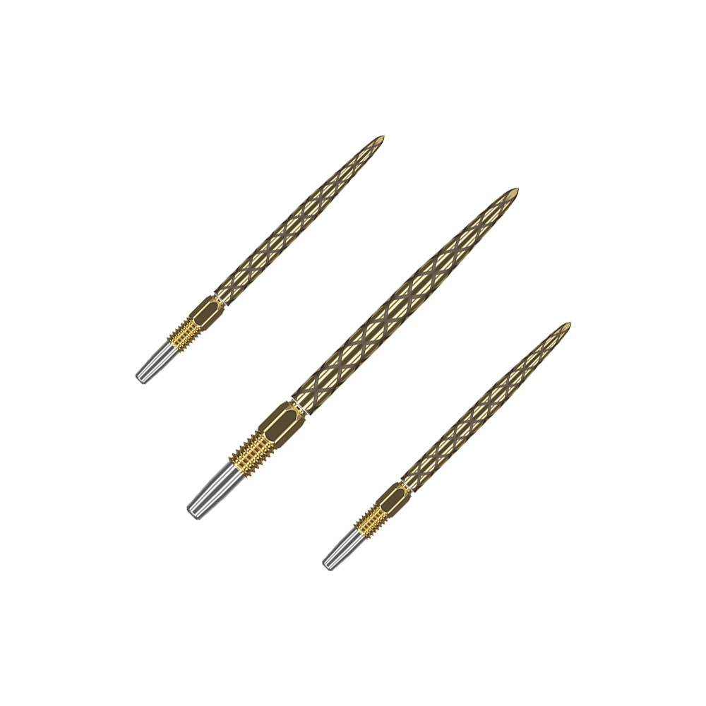 Target Swiss Diamond Pro Gold dart tips Goldene Dartspitzen mit matter Struktur liegen nebeneinander. Das Set ist auf einem hellen Hintergrund platziert.