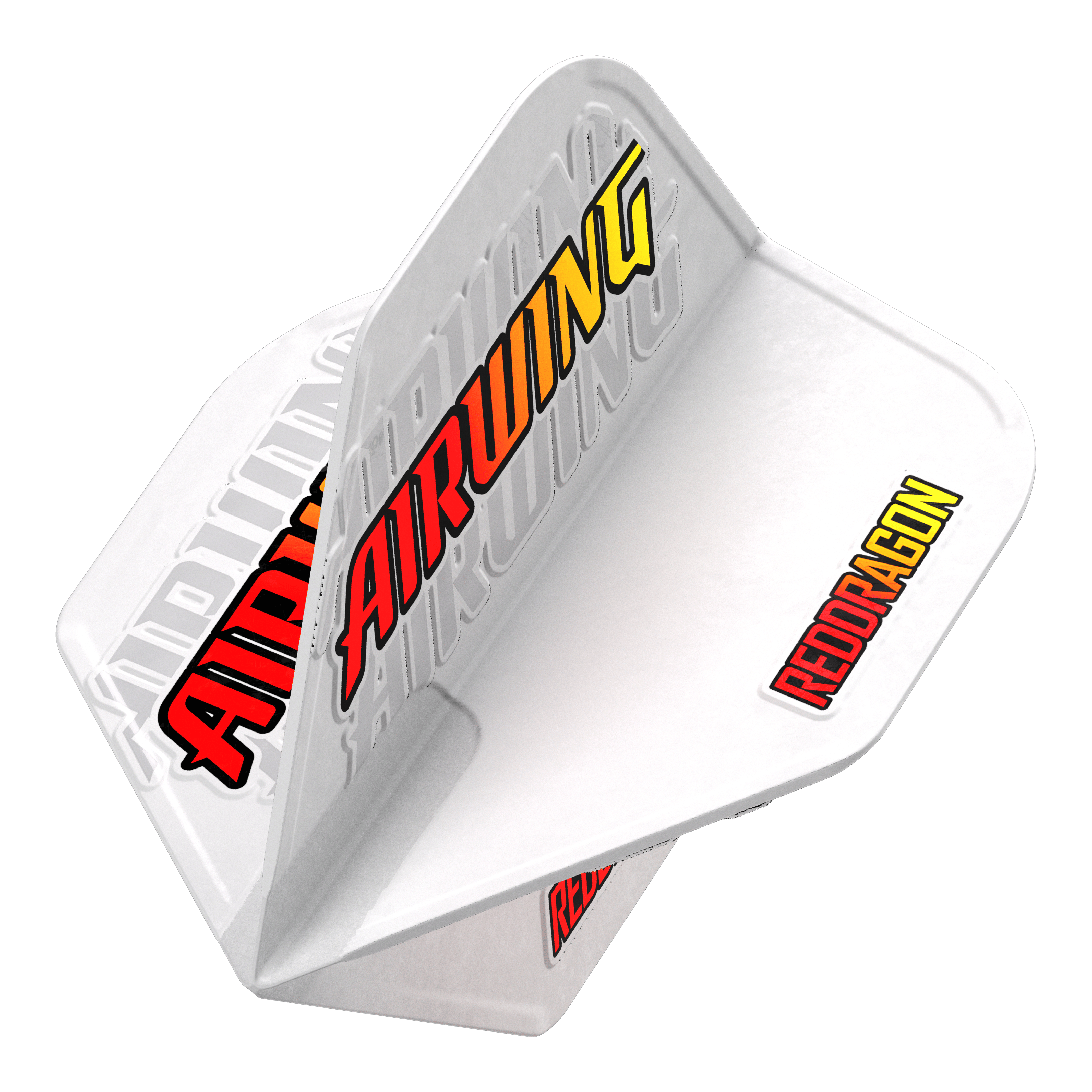 Red Dragon Airwing Red Logo Standard Flights Das Bild zeigt das Produkt "Red Dragon Airwing Red Logo Standard Flights" für Darts. Die Flights sind weiß mit den auffälligen Schriftzügen "AIRWING" und "REDDRAGON" in rot und gelb.