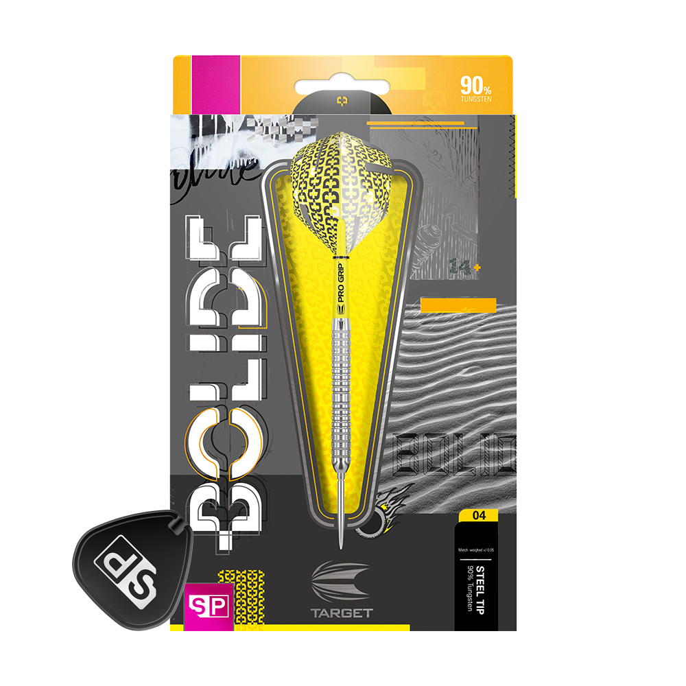 190060_Target_Bolide_04_Swiss_Point_Steeldarts_3tS9gnI5JpgQCF Das Bild zeigt die Verpackung der "Target Bolide 04 Swiss Point Steeldarts". Die Darts haben ein auffälliges gelbes Design und bestehen zu 90 % aus Tungsten.