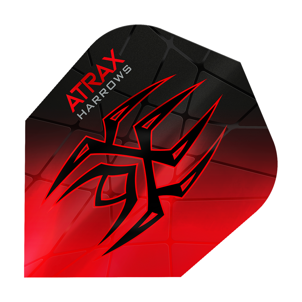 Harrow's Atrax Prime No6 Flights Das Bild zeigt das Produkt "Harrows Atrax Prime No6 Flights" in rot und schwarz. Ein auffälliges Tribal-Muster und die Markenaufschrift sind auf der Dart-Flugfläche zu sehen.