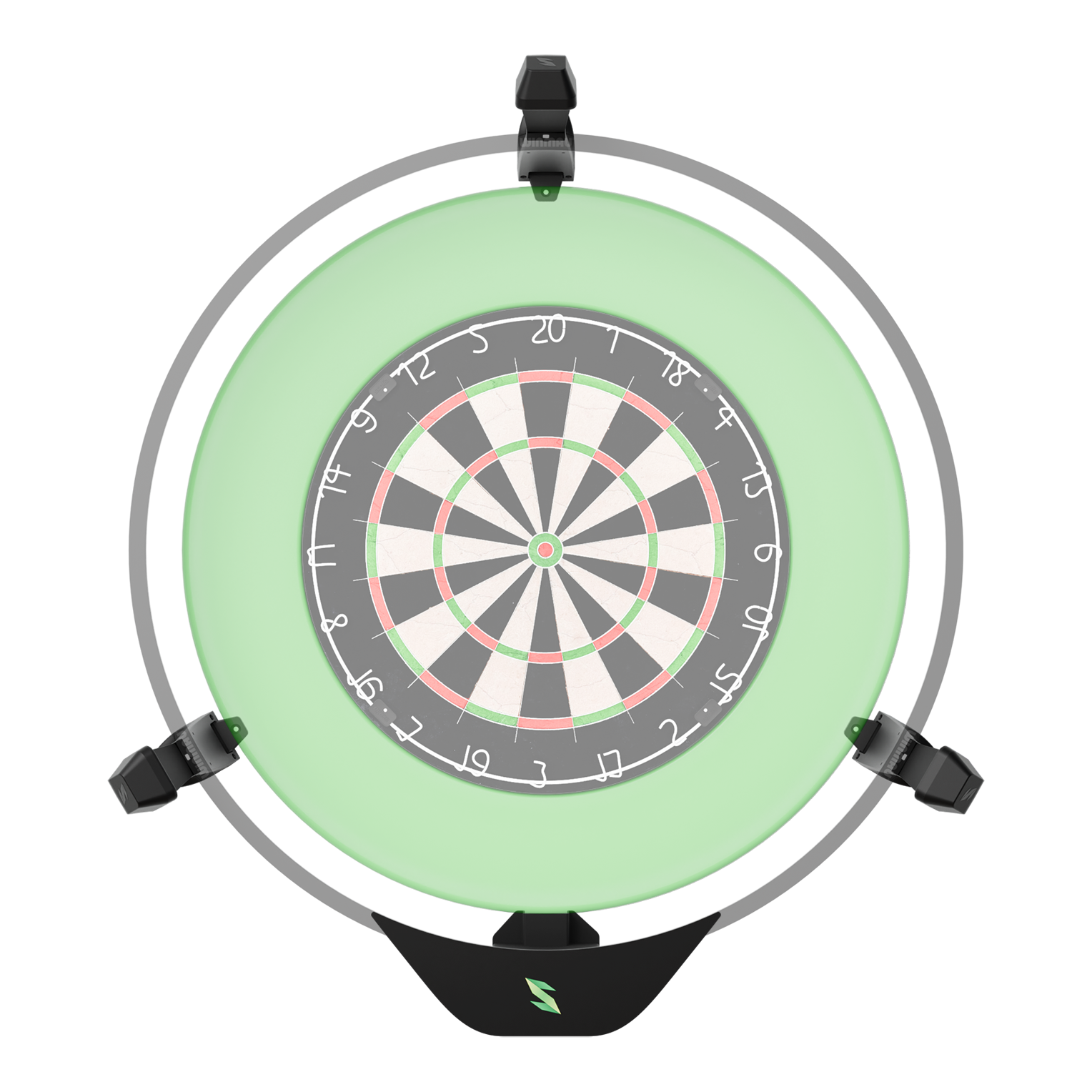 Das Bild zeigt das Scolia Home 2 Electronic Score System, das auf eine Dartscheibe gerichtet ist. Ein rundes, grünes Lichtring-System umrahmt die Dartscheibe.