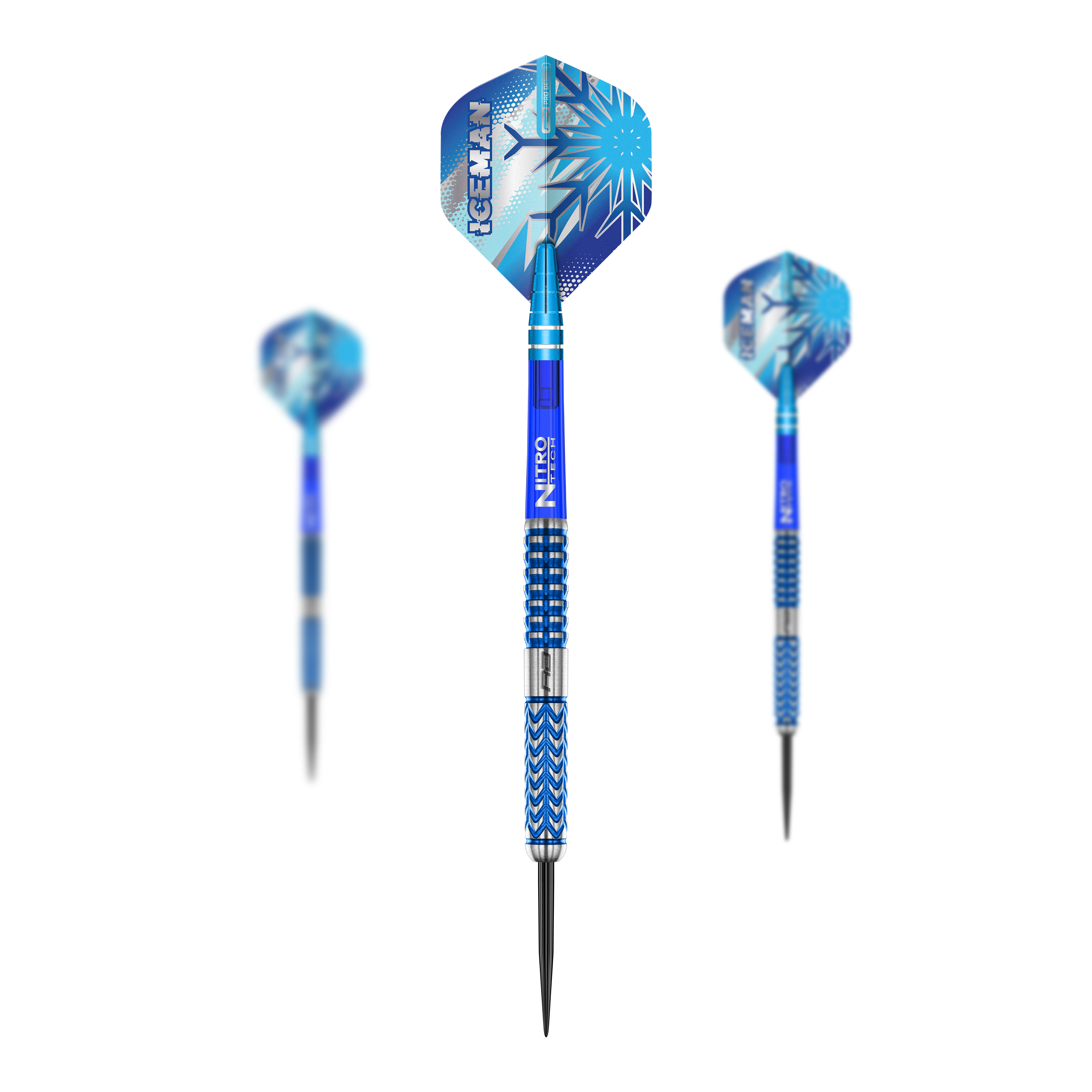 Red Dragon Gerwyn Price Glacier steel darts Das Bild zeigt die "Red Dragon Gerwyn Price Glacier Steeldarts" mit blauen Akzenten und eisigem Design. Die Darts haben auffällige Flights mit dem Schriftzug "ICEMAN" und Schneeflockenmuster.