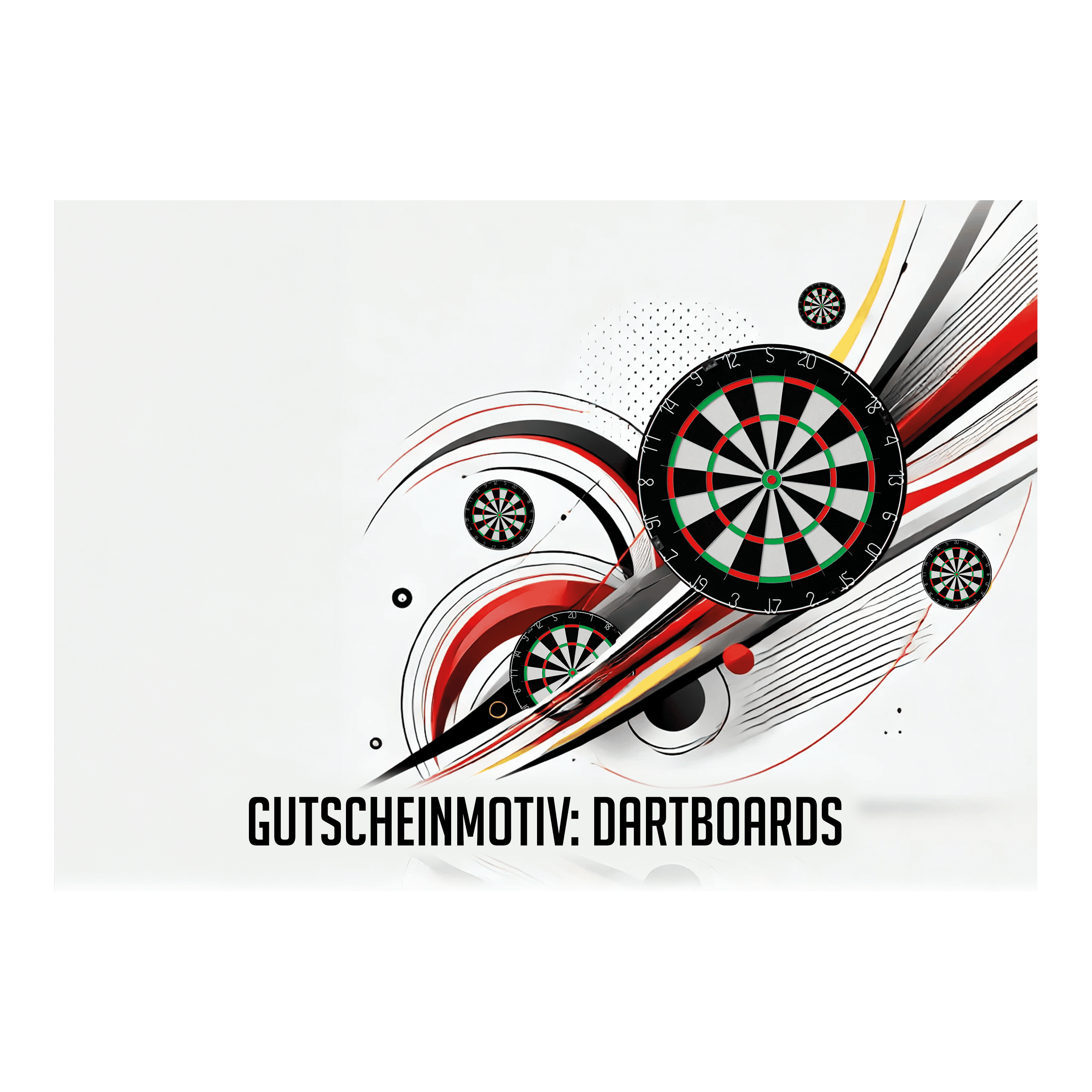 Voucher - Dartboards Das Bild zeigt mehrere stilisierte Dartboards mit dynamischen Linien und Kreisen im Hintergrund. Unten steht der Text "GUTSCHEINMOTIV: DARTBOARDS".