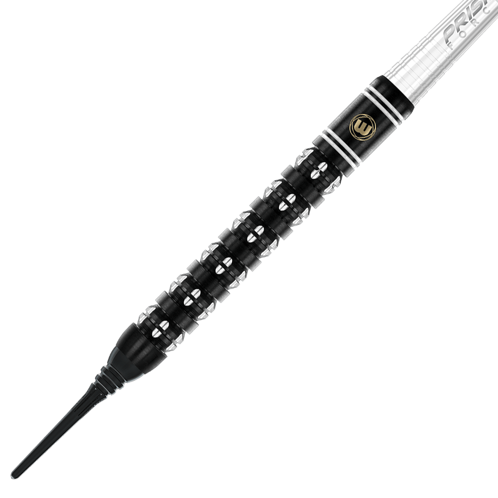 2459_Winmau_Danny_Noppert_Freeze_Edition_Softdarts_2 Das Bild zeigt einen Winmau Danny Noppert Freeze Edition Softdart mit einem Gewicht von 20 Gramm. Der Dart hat ein auffälliges schwarzes und silbernes Griffdesign mit feinen Rillen.