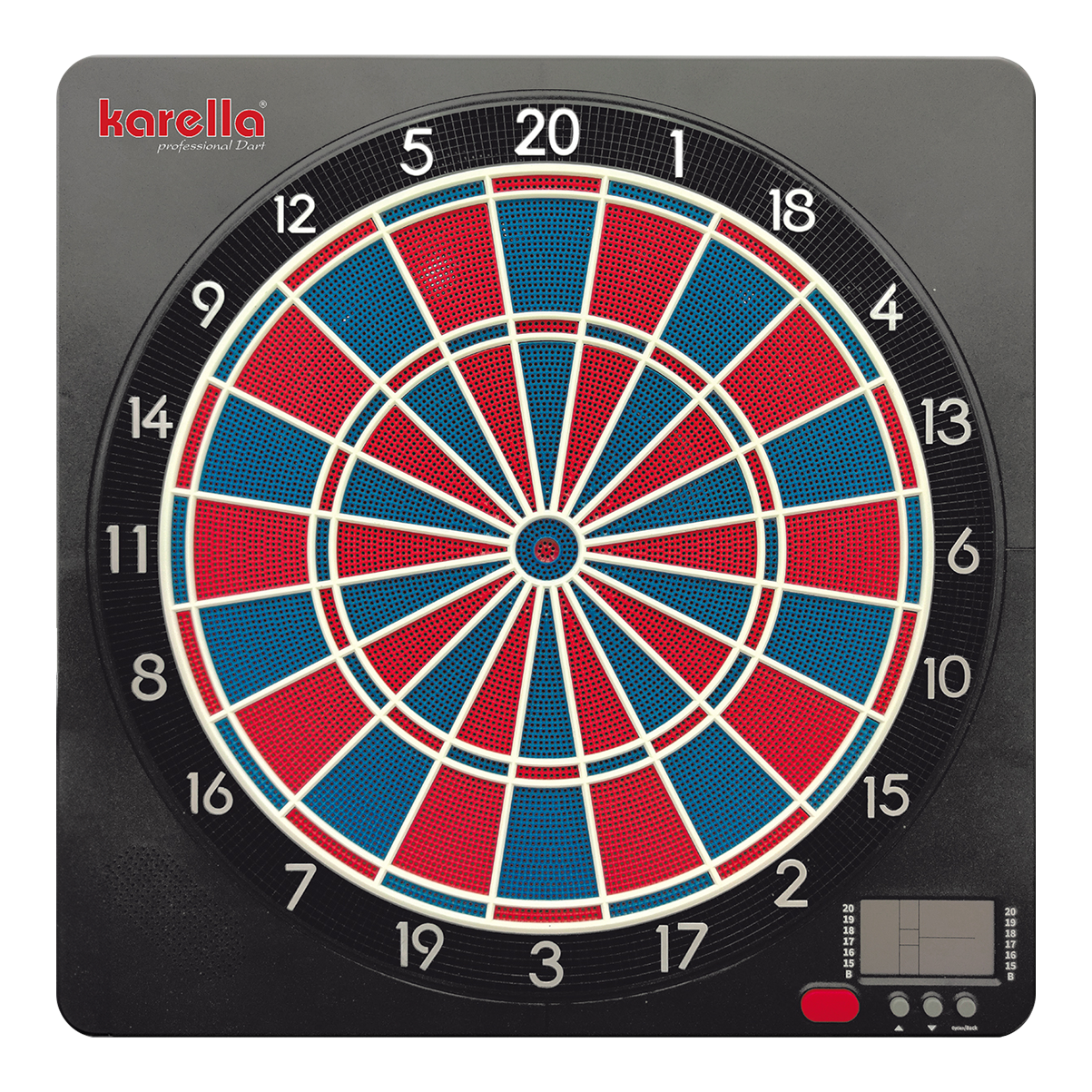 Karella CB-Smart Electronic Soft Dartboard Die Abbildung zeigt die elektronische Soft-Dartscheibe „Karella CB-Smart“. Die Dartscheibe ist quadratisch, farbig in Rot und Blau gestaltet und verfügt unten rechts über ein digitales Anzeigefeld.