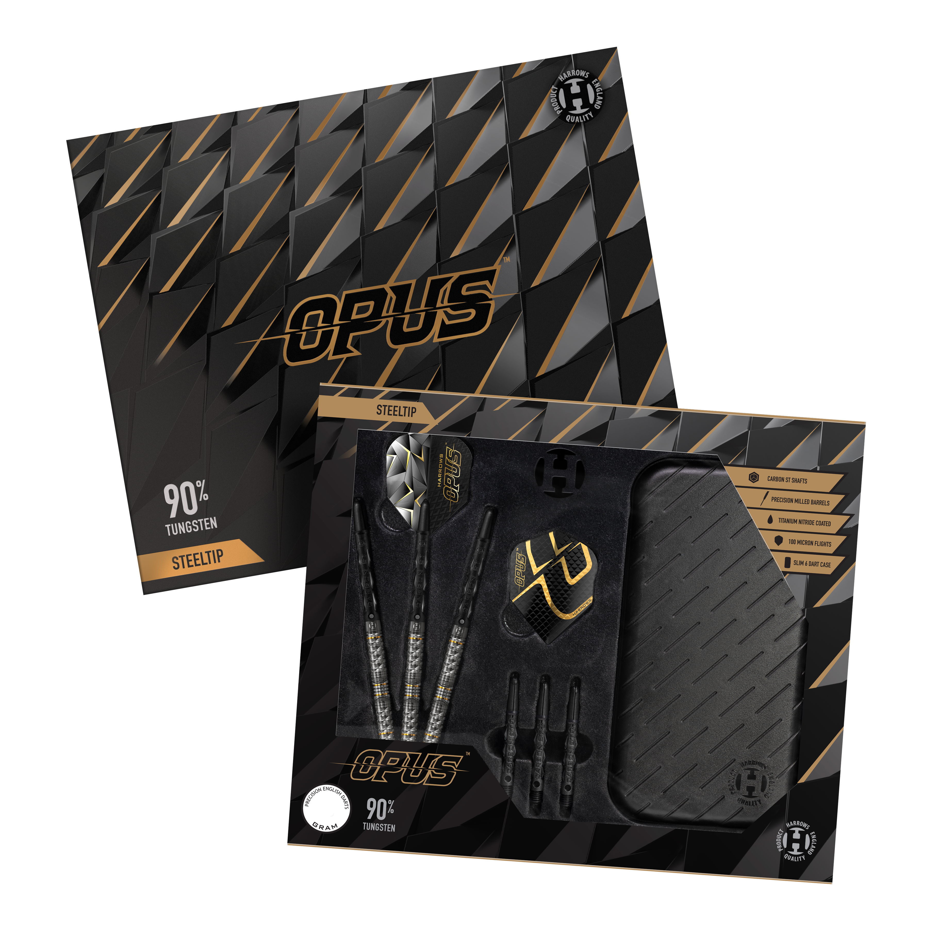Harrow's Opus Quick Point steel darts Harrows Opus Quick Point Steeldarts - 23g. Es werden drei Steeldarts mit 23 Gramm aus der Harrows Opus Reihe dargestellt.