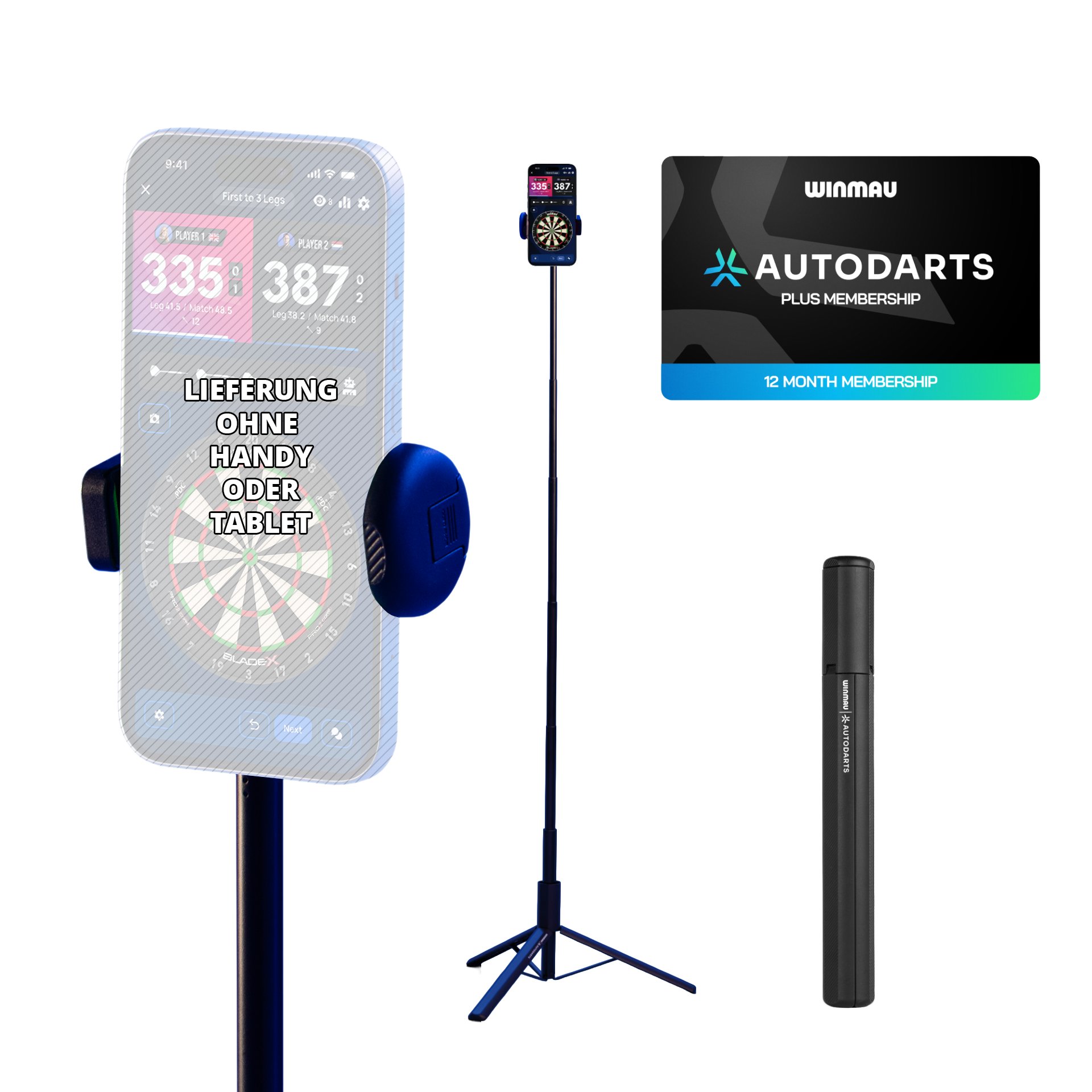 Winmau Autodarts Device Stand & 12 Months Membership Bundle Zu sehen ist das Winmau Device Stand & 12 Monate Membership Bundle. Das Set umfasst einen stabilen Geräteständer und eine 12-monatige Mitgliedschaft.