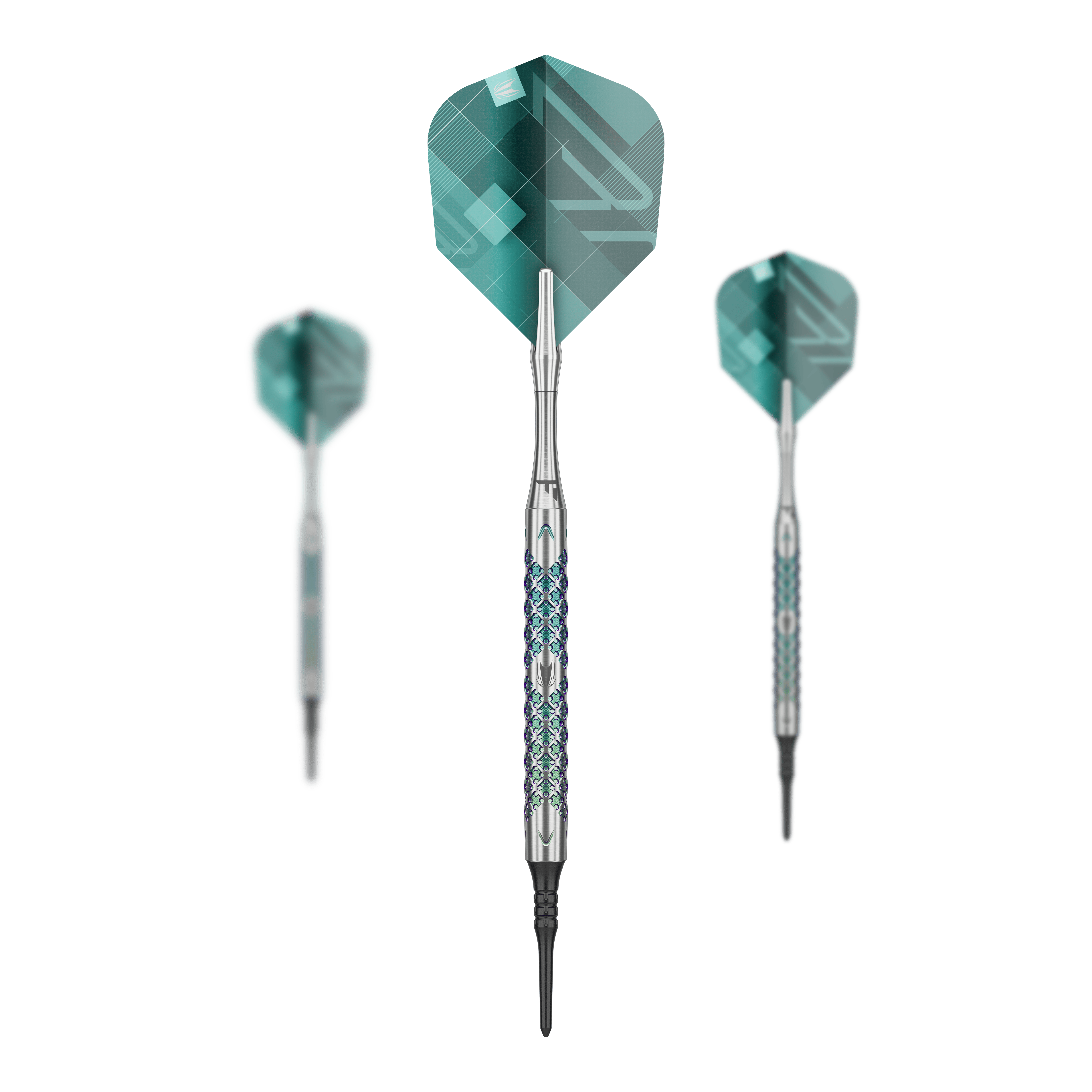 Target Rove 10 Soft Darts Das Bild zeigt drei Softdarts des Modells "Target Rove 10" mit silbernen Schäften und grünen Flights. Die Darts sind elegant gestaltet und stehen vor einem schwarzen Hintergrund.