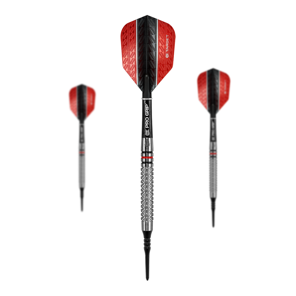 Target Vapor8 05 soft darts - 18g Das Bild zeigt drei Softdarts des Modells "Target Vapor8 05" mit einem Gewicht von 18g. Die Darts haben rote und schwarze Flights sowie einen silbernen, strukturierten Griff.