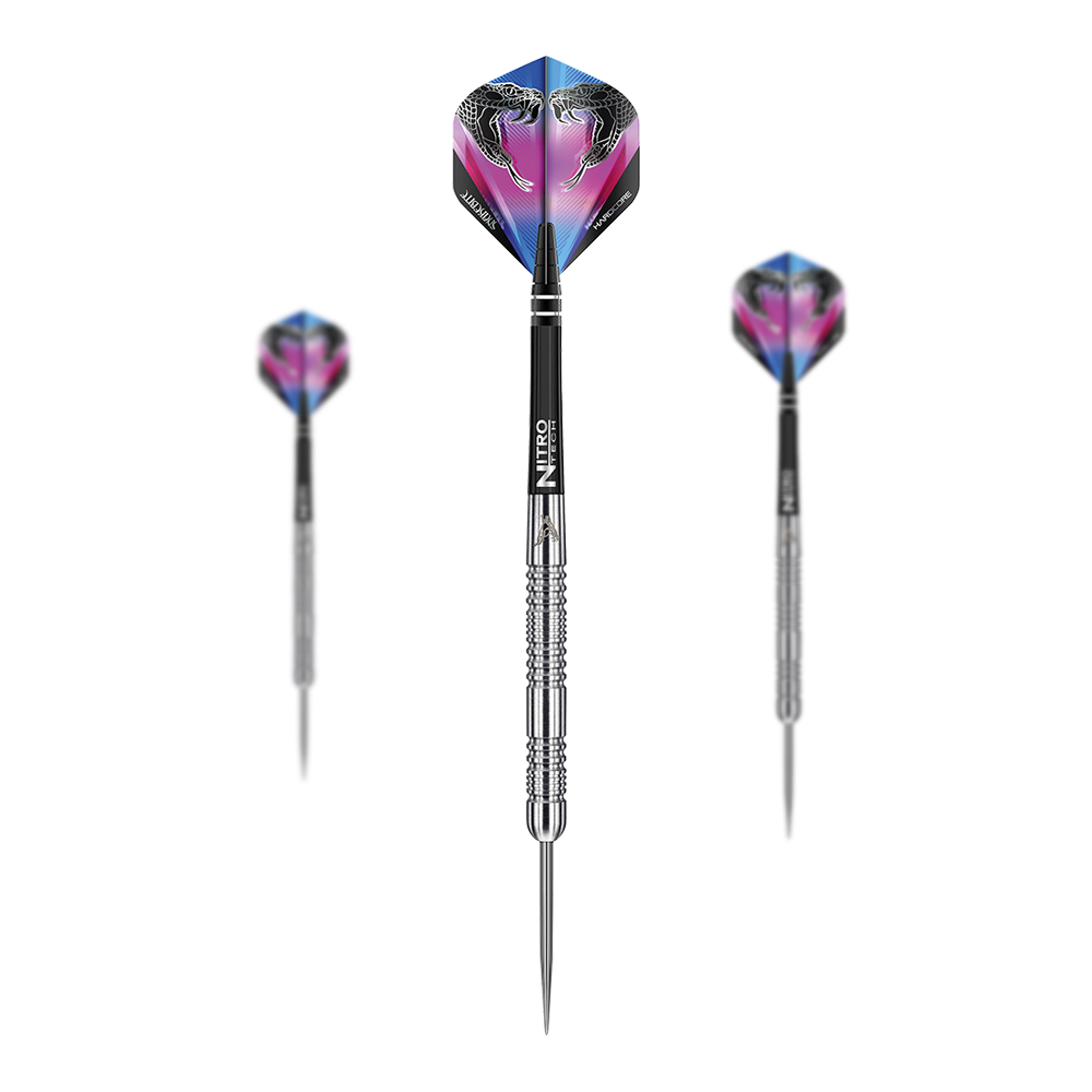 Red Dragon Peter Wright Snakebite Euro 11 steel darts Das Bild zeigt drei Steeldarts des Modells "Red Dragon Peter Wright Snakebite Euro 11". Die Flights der Darts sind farbenfroh gestaltet und zeigen zwei Schlangen.