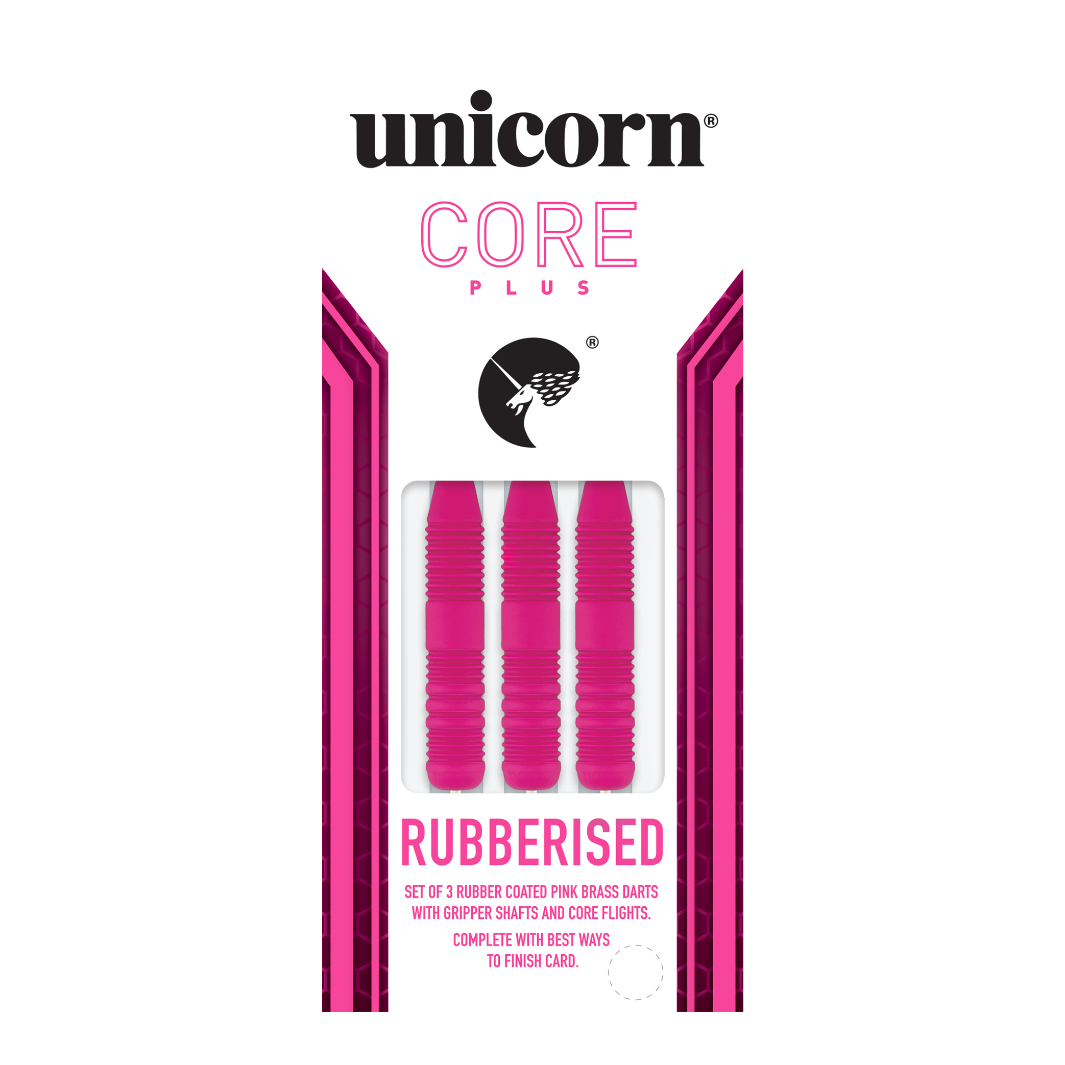 Das Bild zeigt eine Packung mit drei pinken, gummierten Steeldarts der Marke Unicorn Core Plus. Die Darts haben geriffelte Griffe und werden in einer weiß-pinken Verpackung präsentiert.