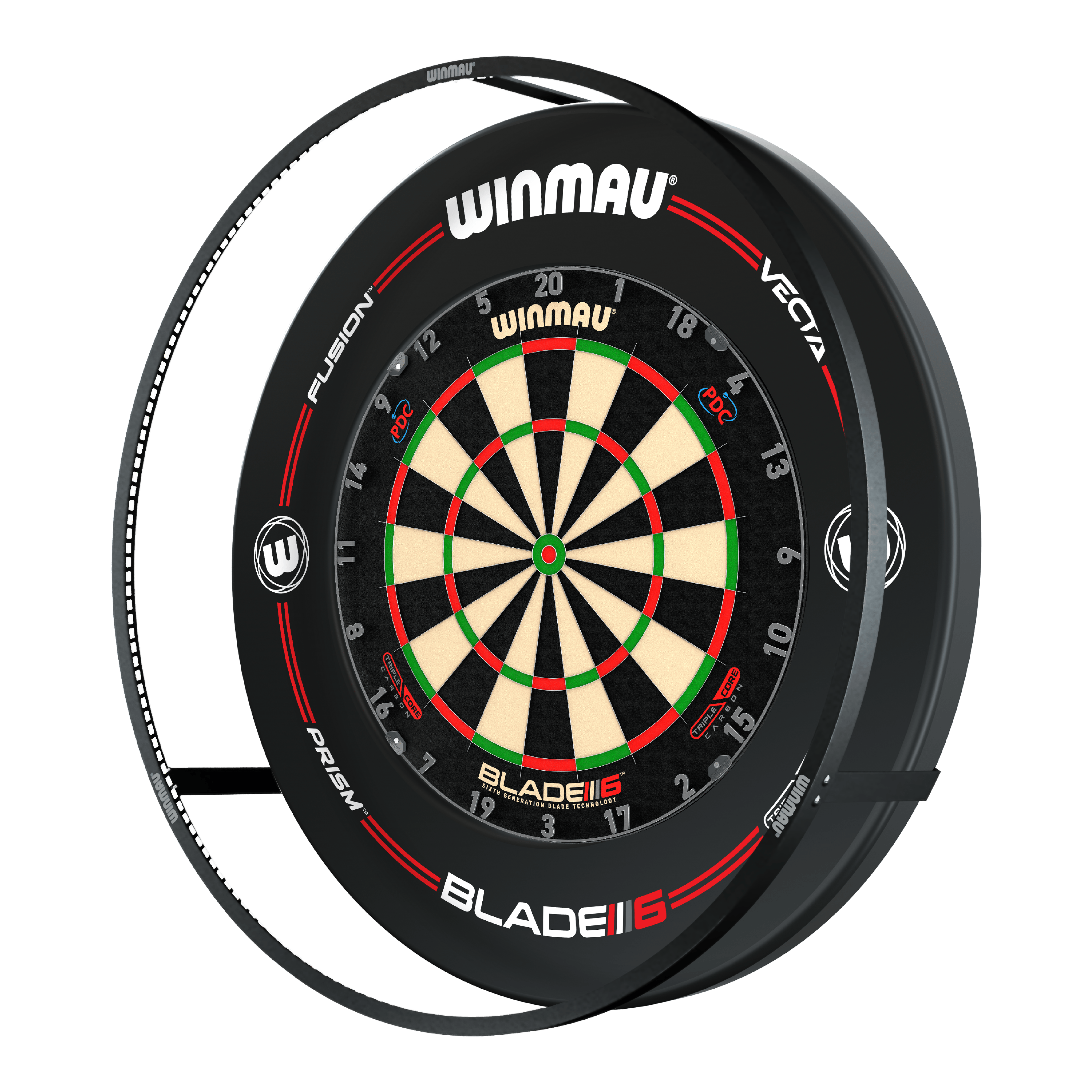 BUNDLE Winmau Plasma LED lighting and surround Das Bild zeigt das 'Winmau Plasma LED Beleuchtung und Surround Bundle' mit einer Dartscheibe. Um die Scheibe herum befindet sich eine LED-Beleuchtung und ein schwarzer Schutzring.