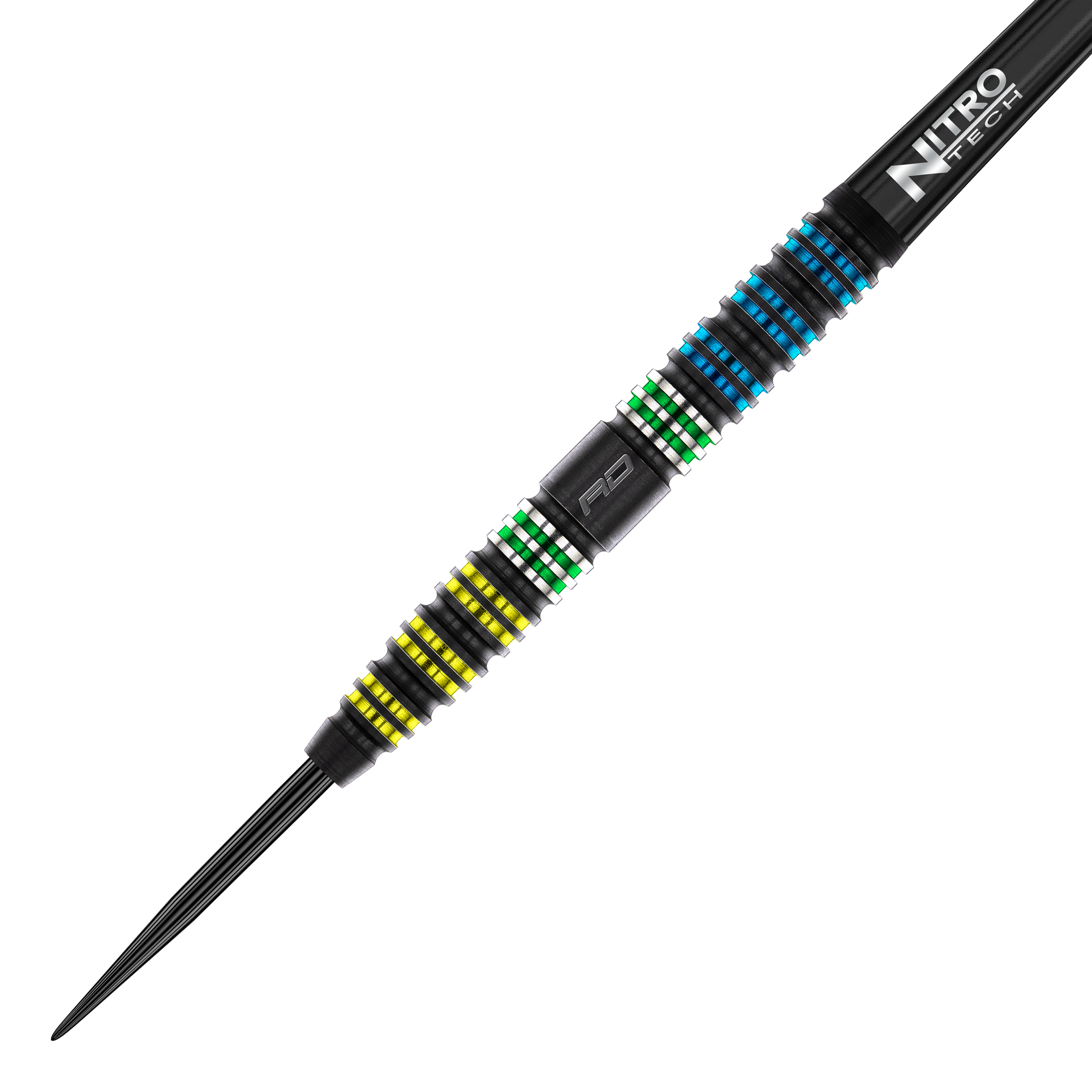 Red Dragon Dragonfly 95 Black Tapered Steel Darts Das Bild zeigt den Red Dragon Dragonfly 95 Black Tapered Steeldart. Der Dart hat farbige Ringe in Gelb, Grün und Blau sowie einen schwarzen Schaft mit der Aufschrift "Nitro Tech".