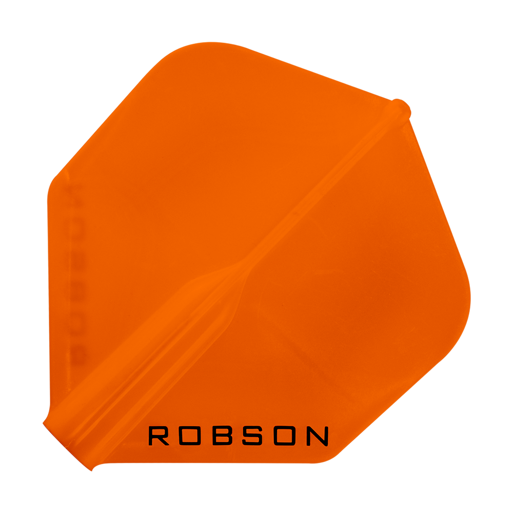Robson Plus Flights - Standard Das Bild zeigt ein orangefarbenes Dartflight mit der Aufschrift "ROBSON". Das Flight hat eine klassische, standardmäßige Form.