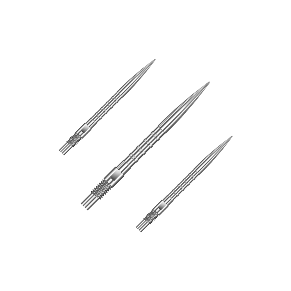 Das Bild zeigt ein Set von Harrows Quick Point Heavy Metal Grip Dartspitzen in Silber mit 26mm Länge. Es sind mehrere Dartspitzen auf dem Bild abgebildet.