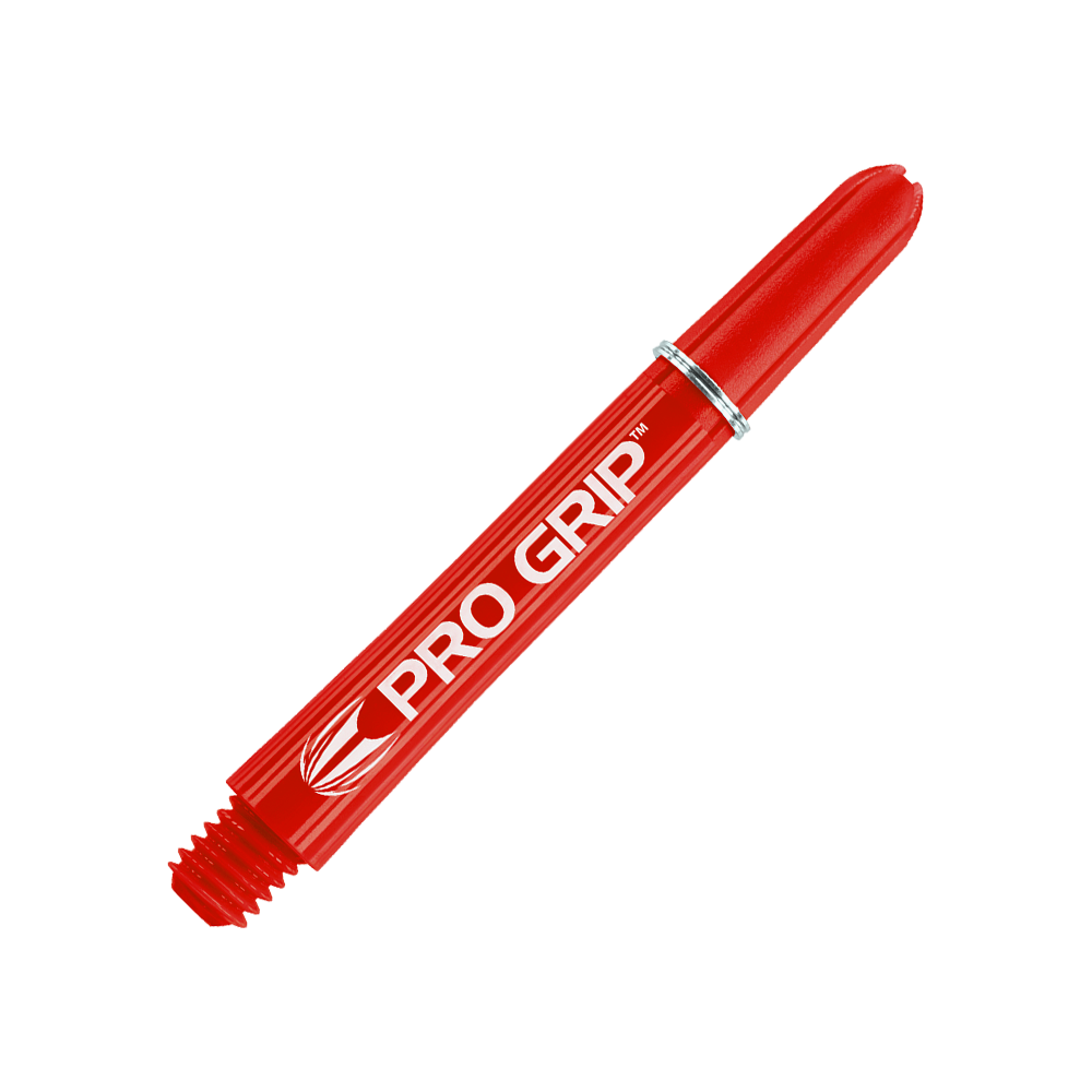 Target Pro Grip Shafts - 3 Sets - Red Das Bild zeigt einen roten Dartshaft mit der Aufschrift "PRO GRIP". Der Hintergrund ist ebenfalls rot und weist ein Muster aus Linien auf.