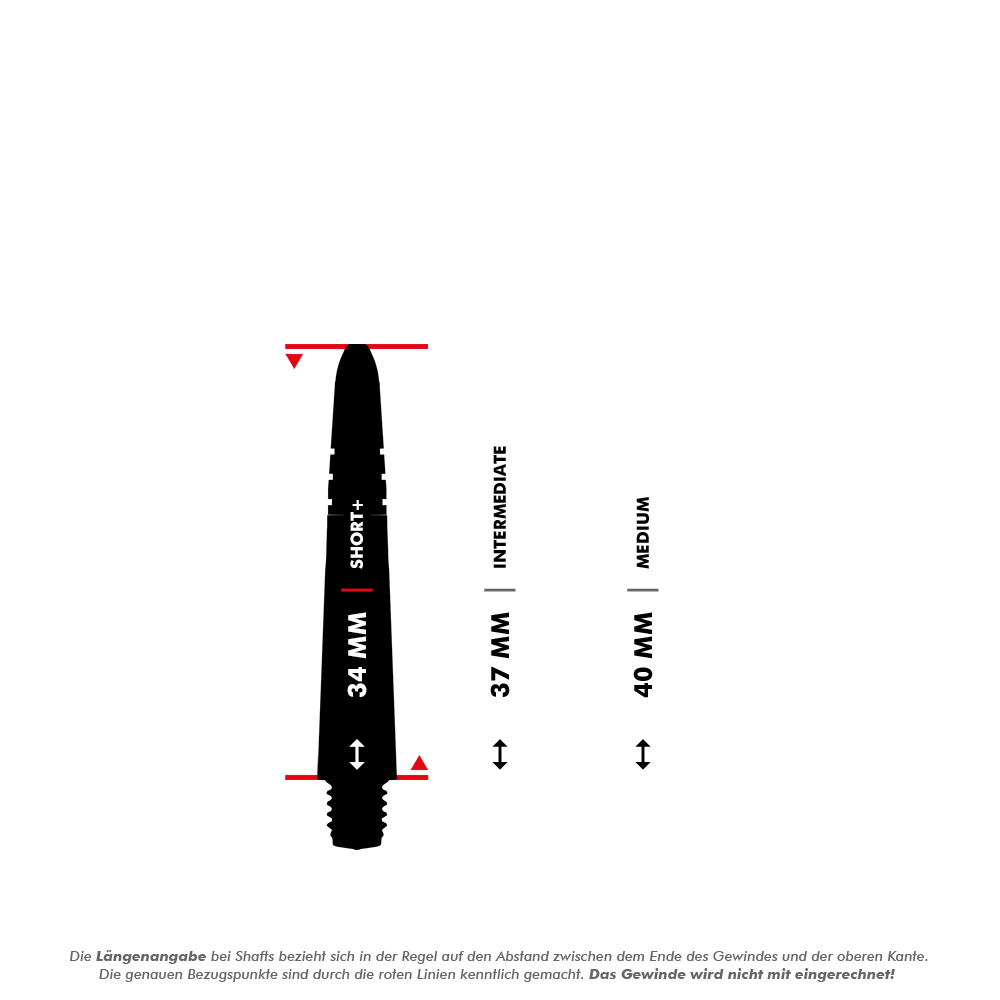 7025_Winmau_Vecta_Shafts_5_34mmsbv1oQn5SNj8o Das Bild zeigt die verschiedenen Längen der Winmau Vecta Shafts in Grün mit einer Messanleitung. Die Größen sind 34 mm (Short+), 37 mm (Intermediate) und 40 mm (Medium), wobei das Gewinde nicht mitgerechnet wird.
