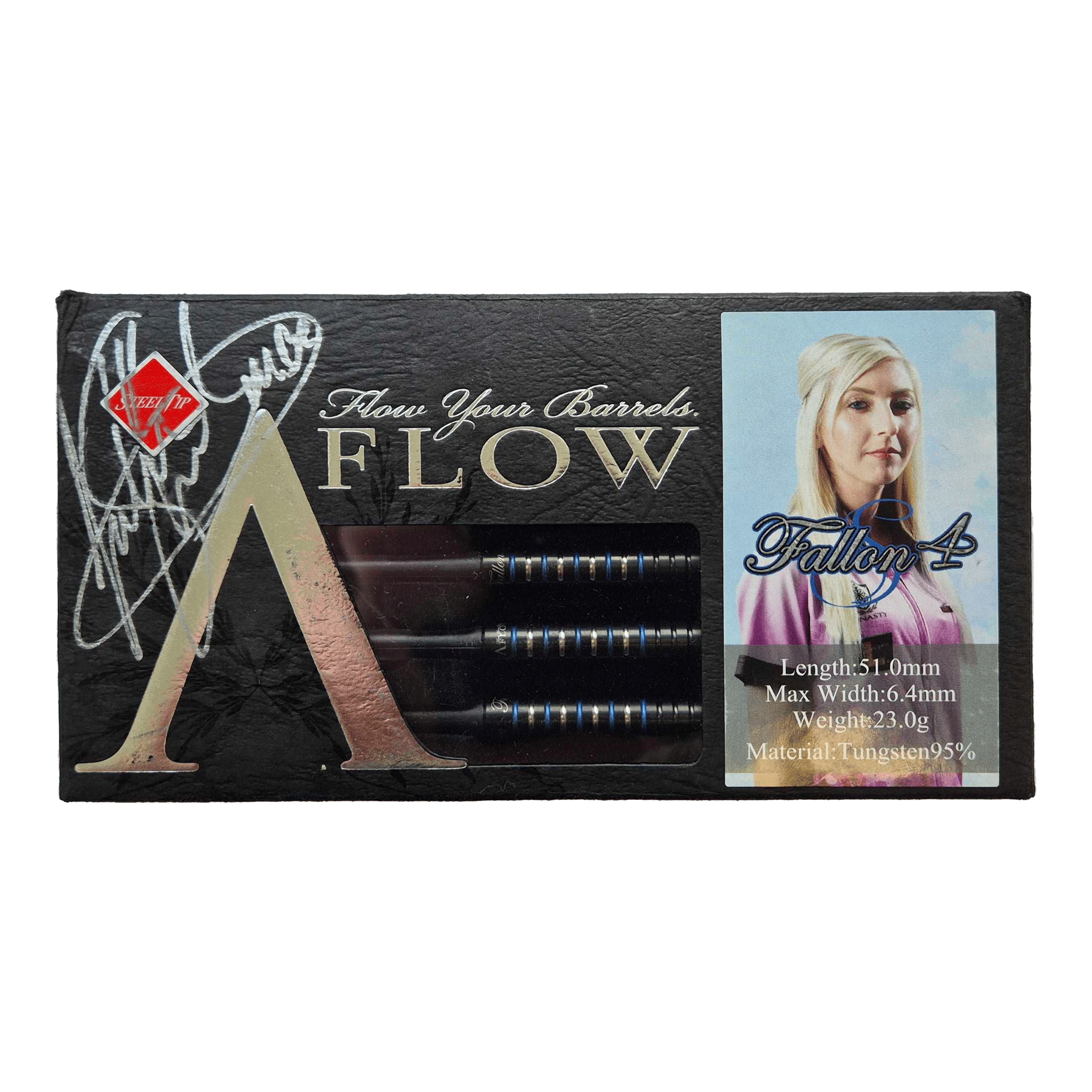Dynasty Fallon Sherrock 4 S AFlow BK Steeldarts - With Autograph - 23g Auf dem Bild ist eine Packung Dynasty Fallon Sherrock 4 S AFlow BK Steeldarts mit Autogramm zu sehen. Auf der Verpackung sind die Darts, ein Bild von Fallon Sherrock und die technischen Daten abgebildet.