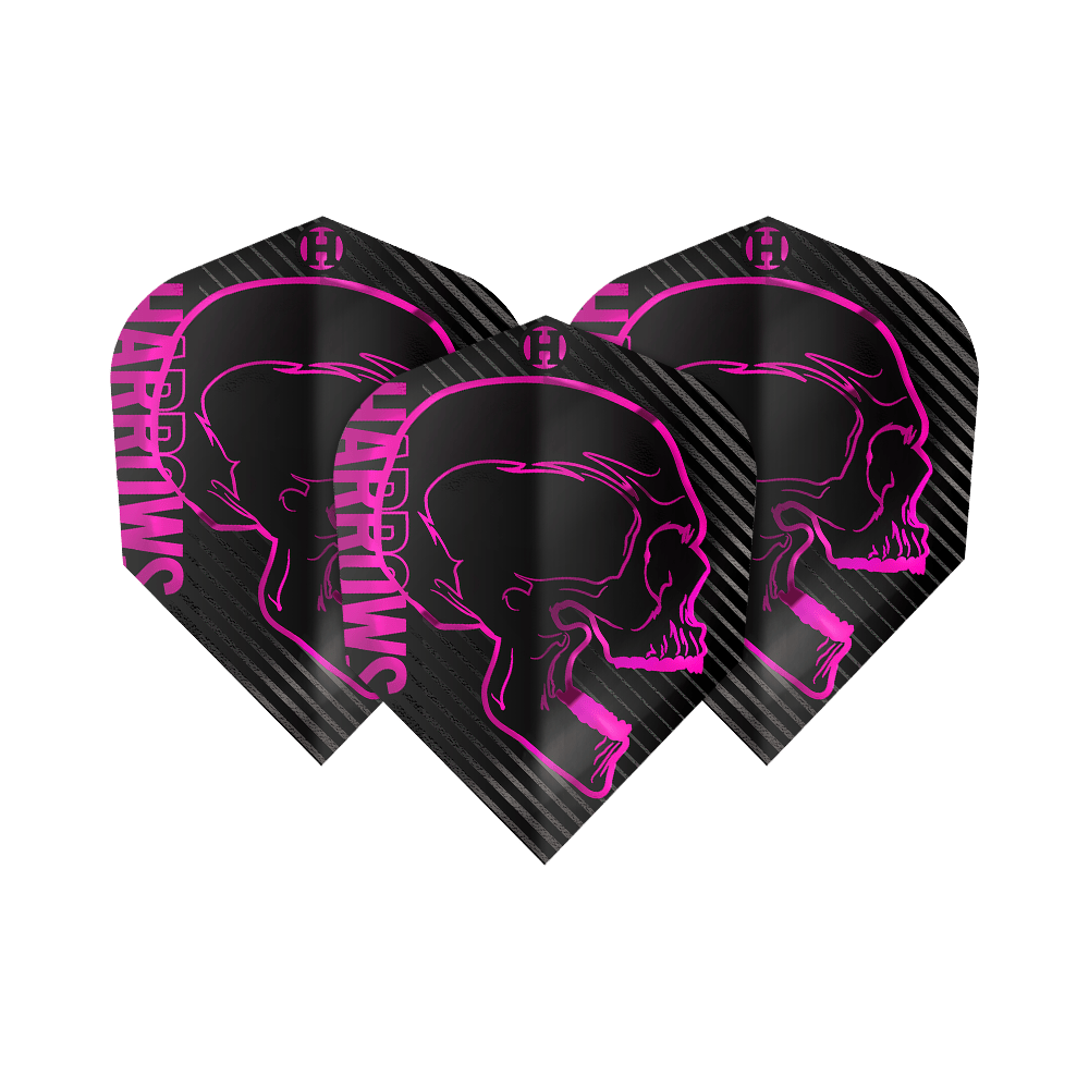 Harrows Rage Pink No6 Flights Das Bild zeigt drei schwarze Dartflights mit einem auffälligen pinken Totenkopf-Design. Auf den Flights steht seitlich in pink der Schriftzug "Harrows".