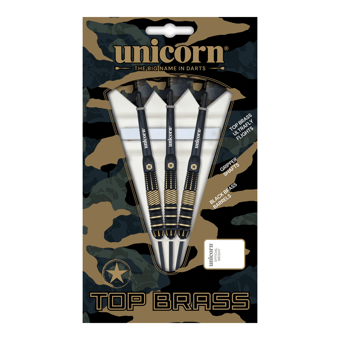 Unicorn Top Brass V2 Steeldarts - 19g Das Bild zeigt die "Unicorn Top Brass V2 Steeldarts - 19g" in einer Verpackung mit Tarnmuster. In der Packung sind drei schwarze Steeldarts mit goldfarbenen Akzenten zu sehen.