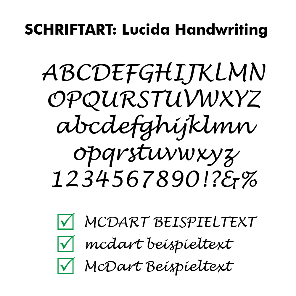 Flightdruck_Schriftart_LucidaHandwriting Das Bild zeigt einen Text in der Schriftart Lucida Handwriting mit dem Titel "Sicherheitsvorkehrungen während des Flugs". Am unteren Rand sind drei grüne Häkchen in Kästchen neben Stichpunkten zu sehen.