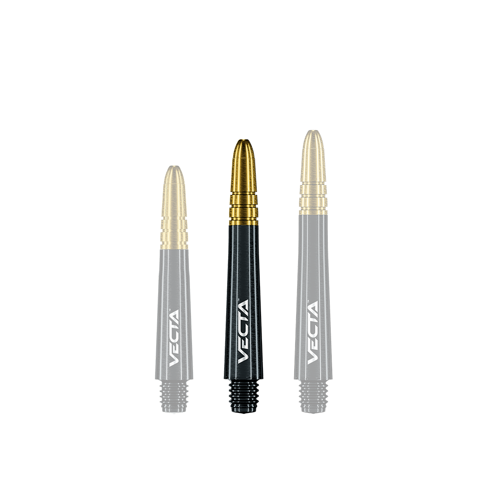 7025-409_Winmau_Vecta_Shafts_Schwarz_Gold_37mm_1 Auf dem Bild sind drei Dart-Schäfte in Schwarz-Gold zu sehen. Sie haben die Aufschrift "VECTA" und sind unterschiedlich lang.