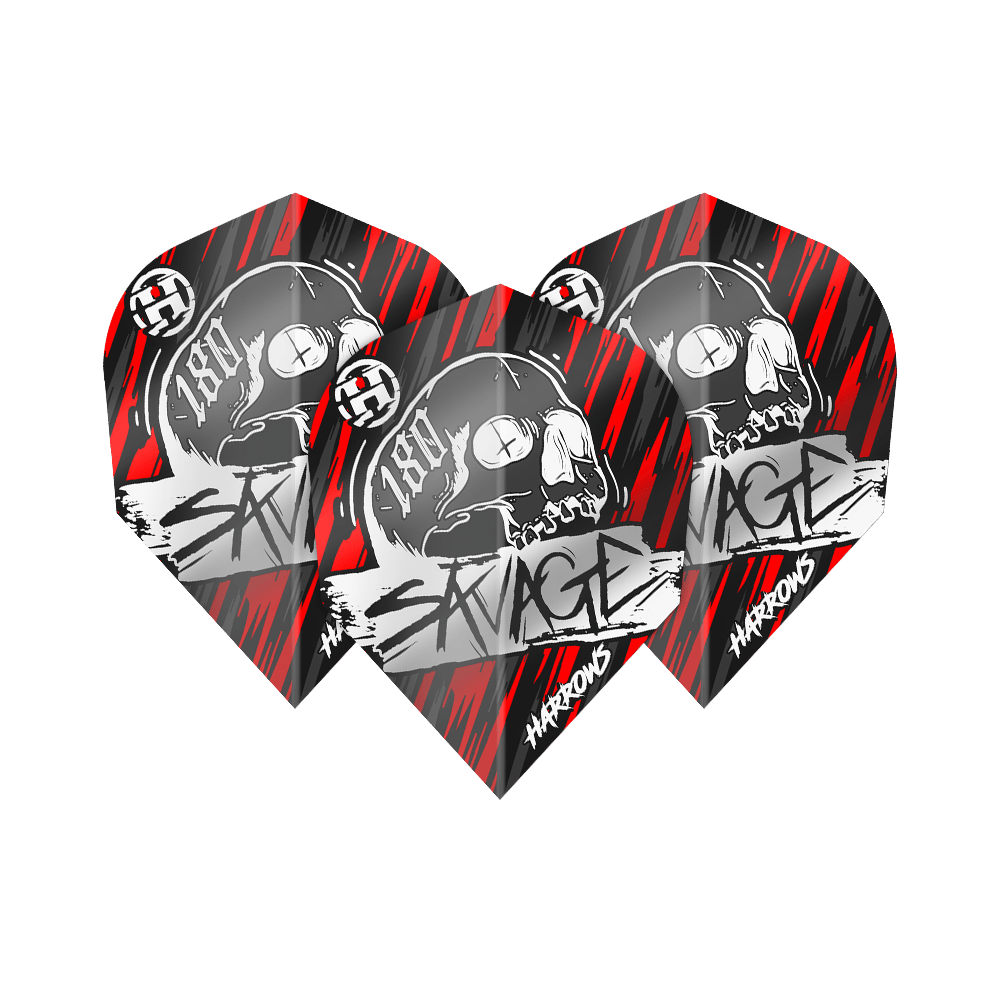 Harrow's Savage Red Silver No6 Flights Das Bild zeigt die Harrows Savage Red Silver No6 Flights mit einem auffälligen Totenkopf-Design. Die Flights sind in den Farben Rot, Schwarz und Silber gehalten und tragen den Schriftzug „Savage“.