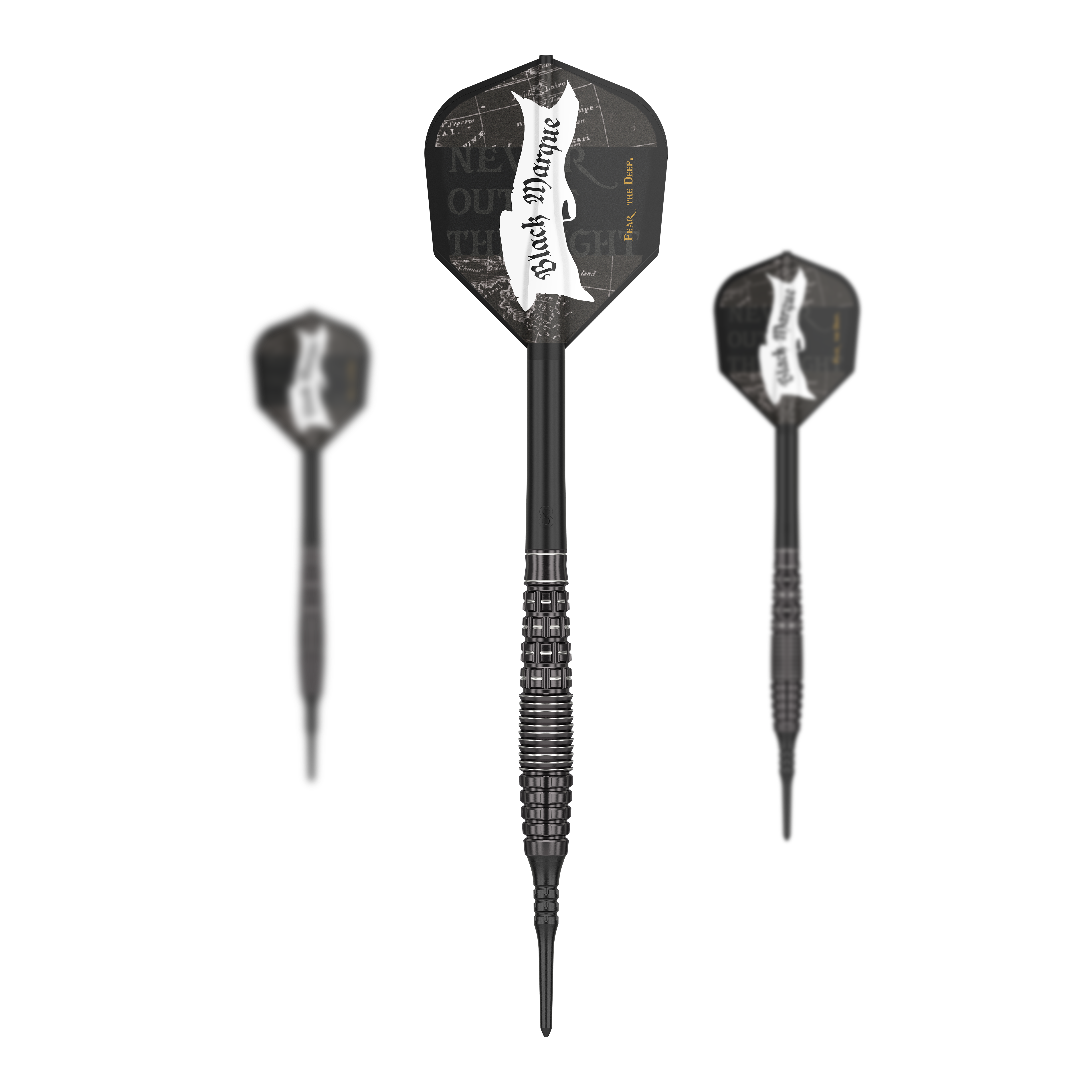 Target Japan Black Marque Phantom Soft Darts - 18g Auf dem Bild sind drei schwarze Softdarts mit der Aufschrift „Black Marque“ zu sehen. Es handelt sich um das Produkt „Target Japan Black Marque Phantom Softdarts - 18g“.
