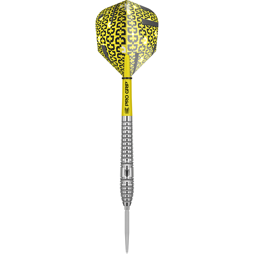 190057_Target_Bolide_03_Swiss_Point_Steeldarts_17EYAzHai5hLVq Das Bild zeigt den "Target Bolide 03 Swiss Point Steeldart". Der Dartpfeil hat gelbe Flights mit schwarzem Muster und einen silbernen, gerillten Schaft.