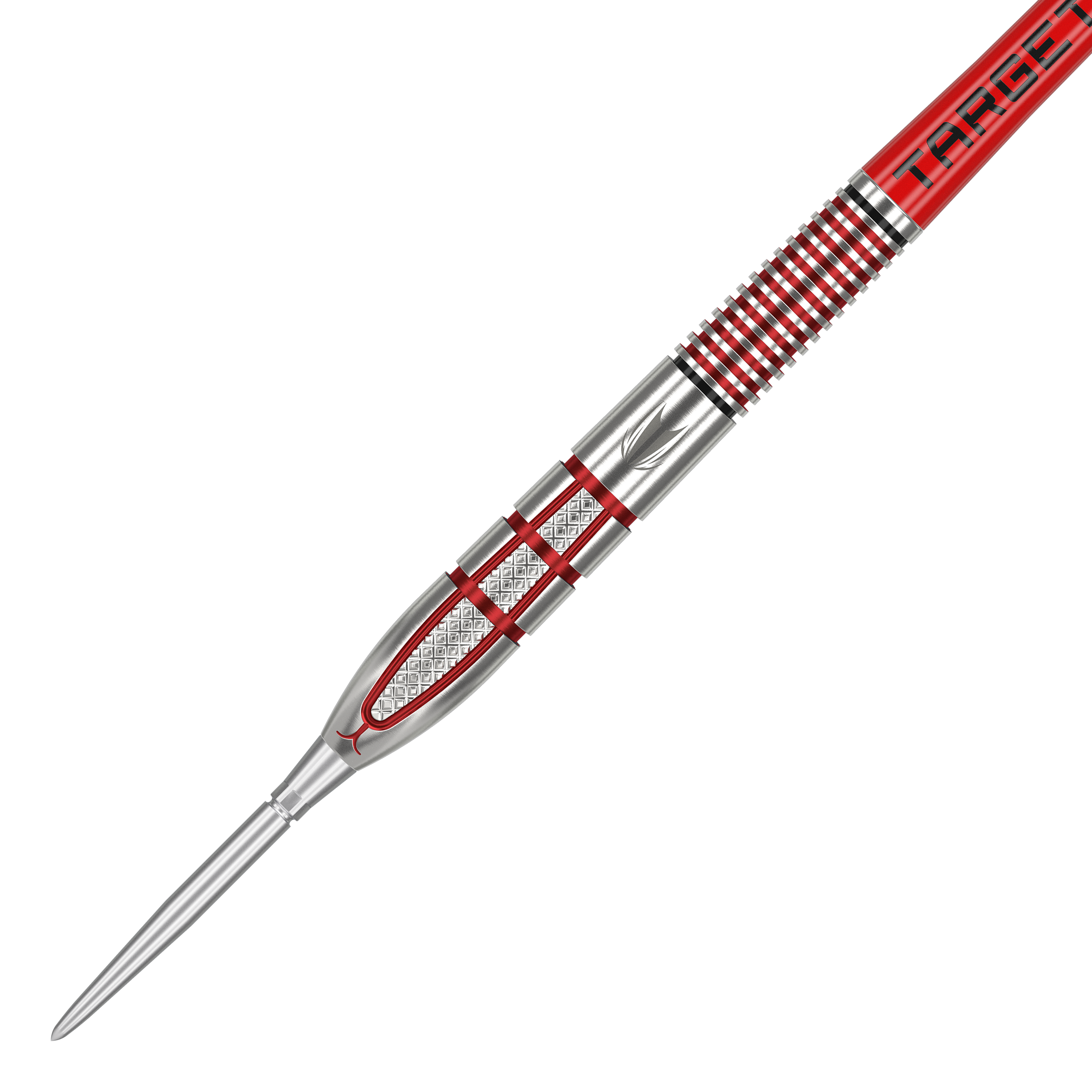 Target Nathan Aspinall GEN2 Swiss Point steel darts Das Bild zeigt einen Target Nathan Aspinall GEN2 Swiss Point Steeldart. Der Dart hat ein silbernes und rotes Design mit präzisen Gravuren und Rillen für besseren Halt.