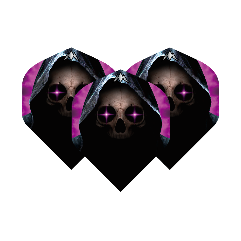 Mission Solo Phantom No2 Standard Flights Das Bild zeigt drei Dart-Flights mit einem Totenkopf in einer dunklen Kapuze und leuchtenden lila Augen. Der Hintergrund ist schwarz mit lila Akzenten.