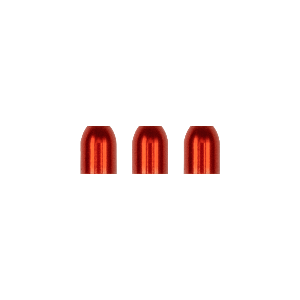 Das Bild zeigt drei metallische, rot glänzende L-Style Premium Champagne Ringe. Sie sind gleichmäßig nebeneinander auf einem neutralen Hintergrund angeordnet.