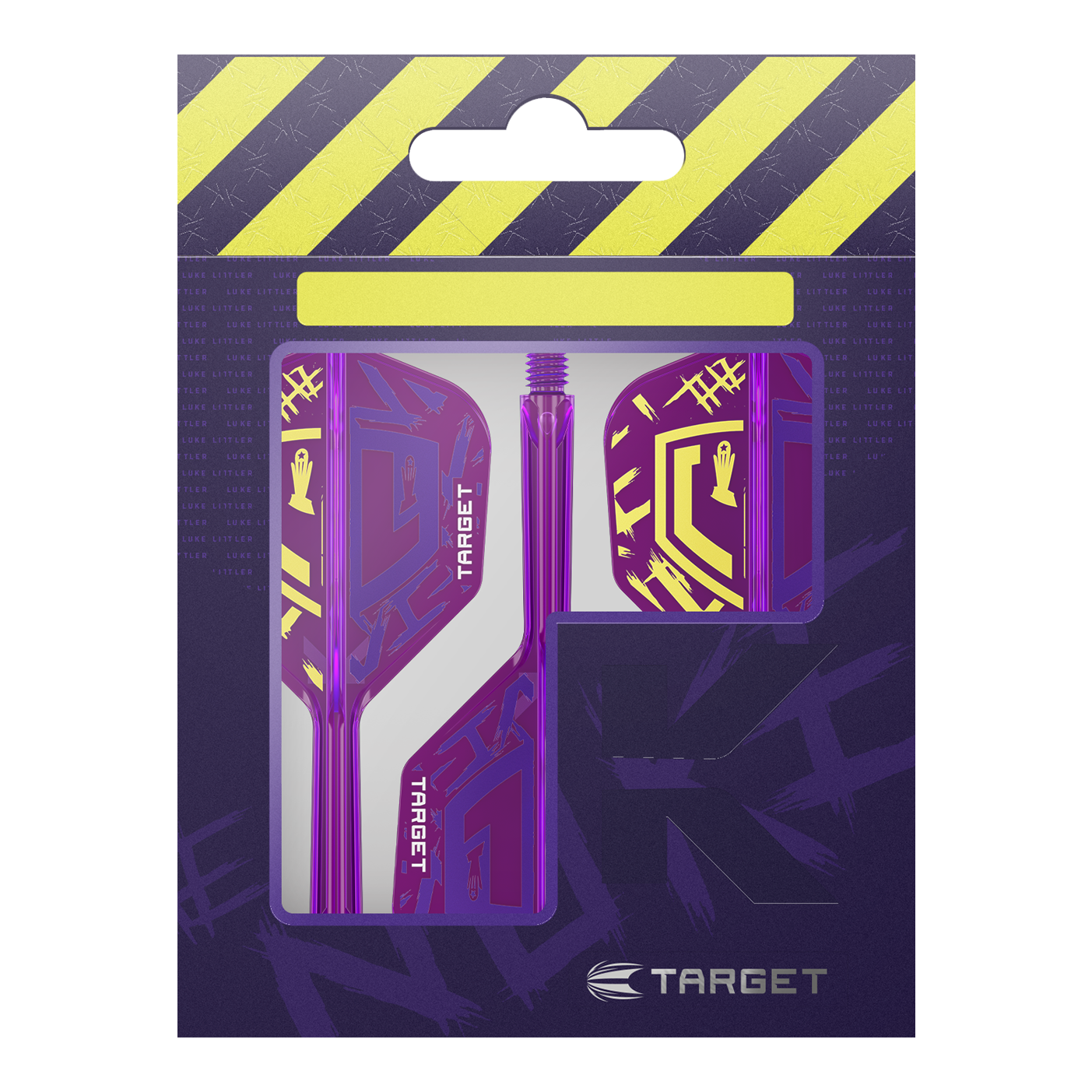 Target K-Flex Luke Littler World Champion 2025 No6 Flights Die Verpackung zeigt die Target K-Flex Luke Littler World Champion 2025 No6 Flights. Die Flights sind vorwiegend lila mit gelben Akzenten und befinden sich in einer auffälligen Verpackung.