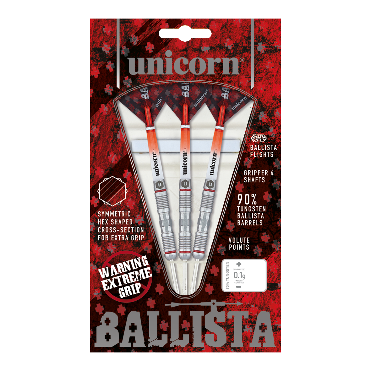 Das Bild zeigt eine Packung "Unicorn Ballista Style 2 Steeldarts" mit drei Darts. Die Verpackung hebt den extremen Grip und den 90%igen Tungsten-Anteil der Barrels hervor.