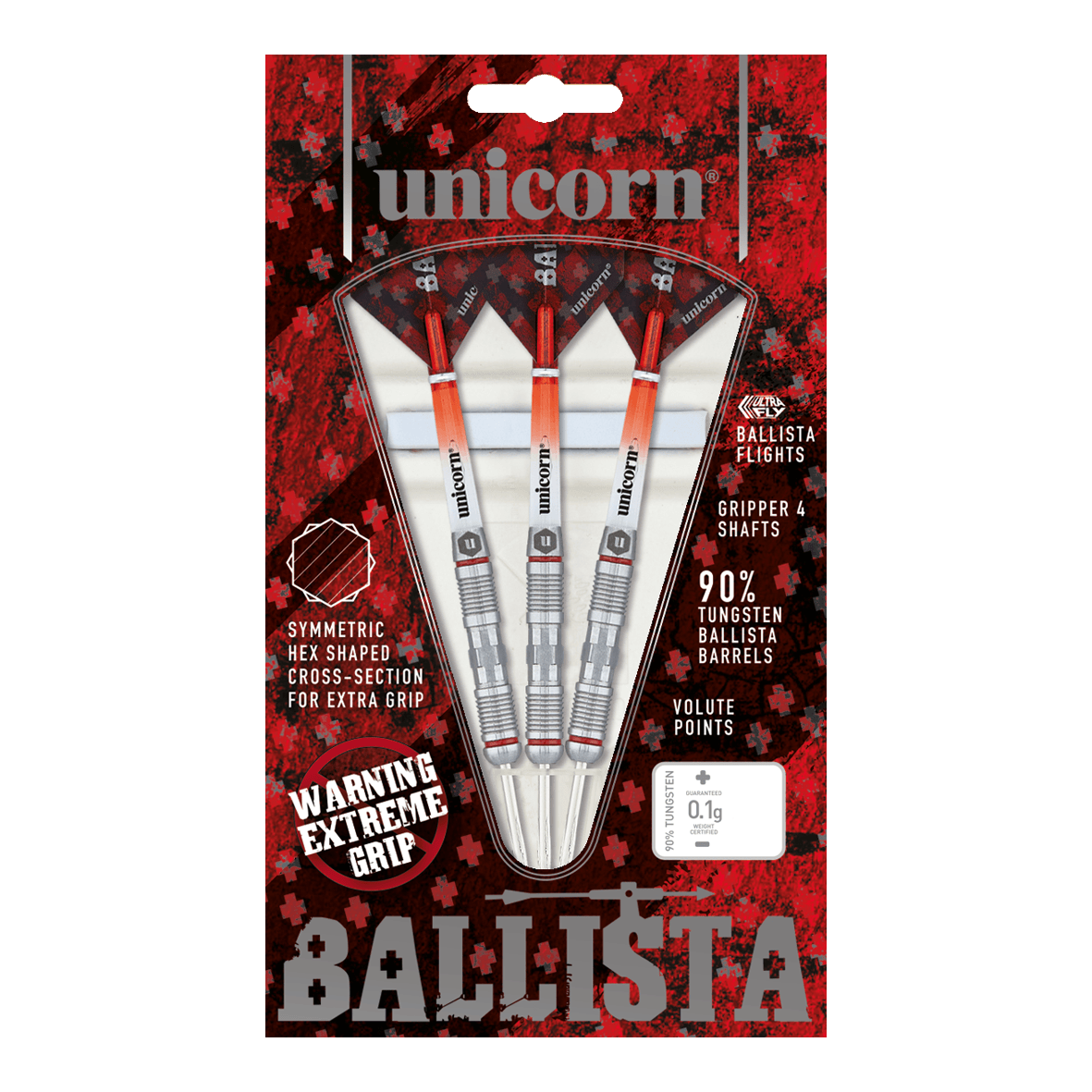 Unicorn Ballista Style 2 steel darts Das Bild zeigt eine Packung "Unicorn Ballista Style 2 Steeldarts" mit drei Darts. Die Verpackung hebt den extremen Grip und den 90%igen Tungsten-Anteil der Barrels hervor.