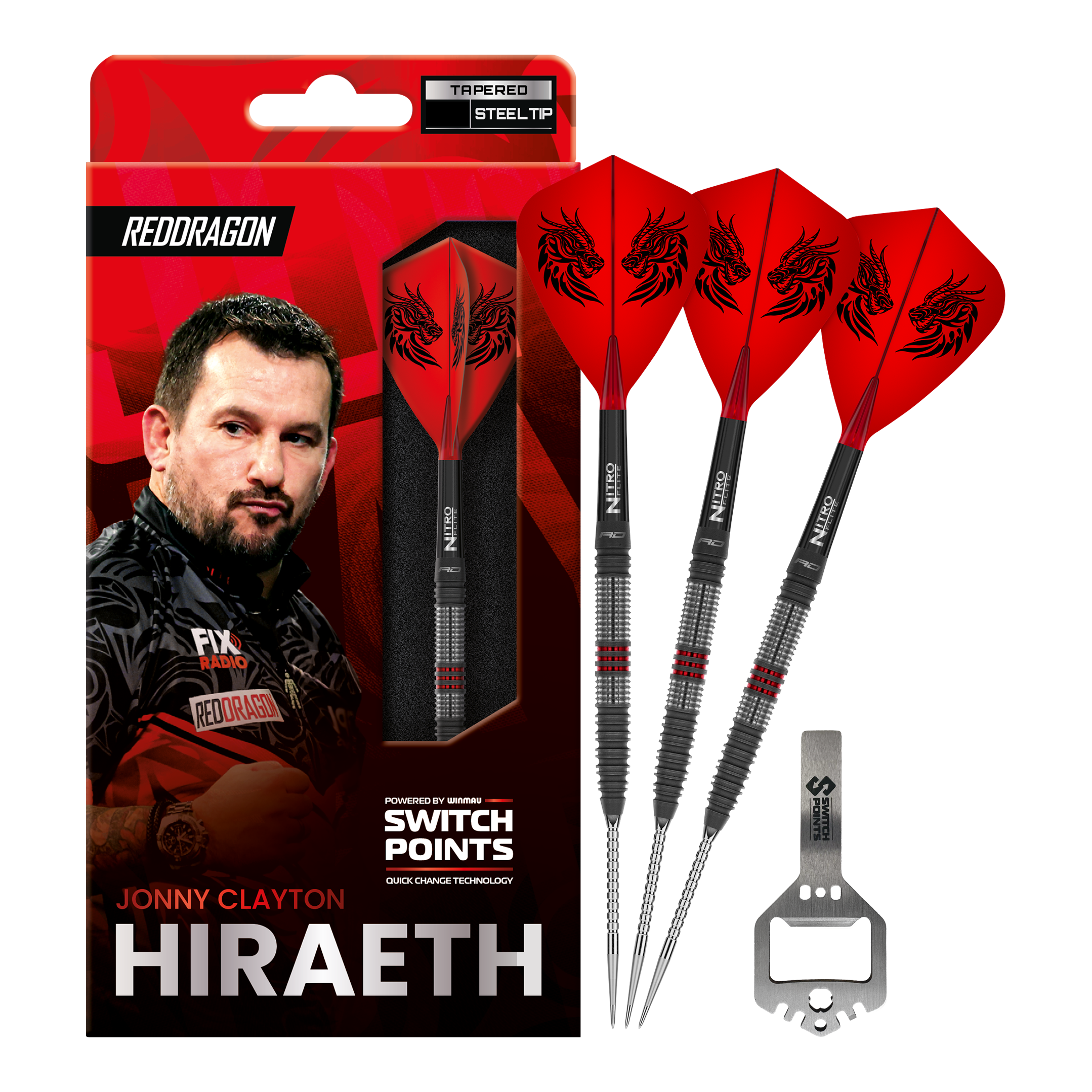 Zu sehen sind Red Dragon Jonny Clayton Hireath Switch Point Steeldarts. Sie haben eine markante Optik und sind ideal für Dartspieler geeignet.