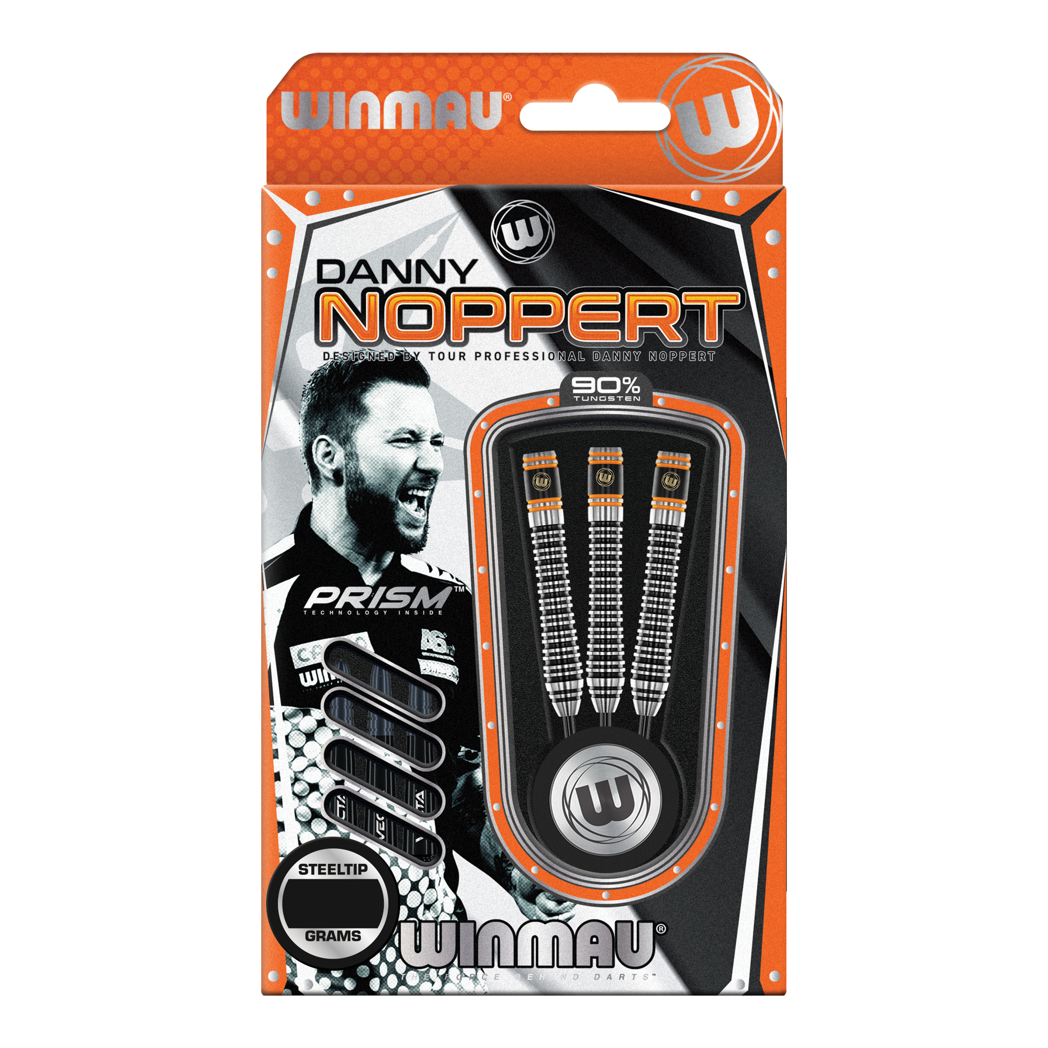 Winmau Danny Noppert Signature Edition 2 steel darts Auf dem Bild ist eine Packung „Winmau Danny Noppert Signature Edition 2 Steeldarts“ zu sehen. Die Verpackung zeigt drei Steeldarts und ein Porträt von Danny Noppert.