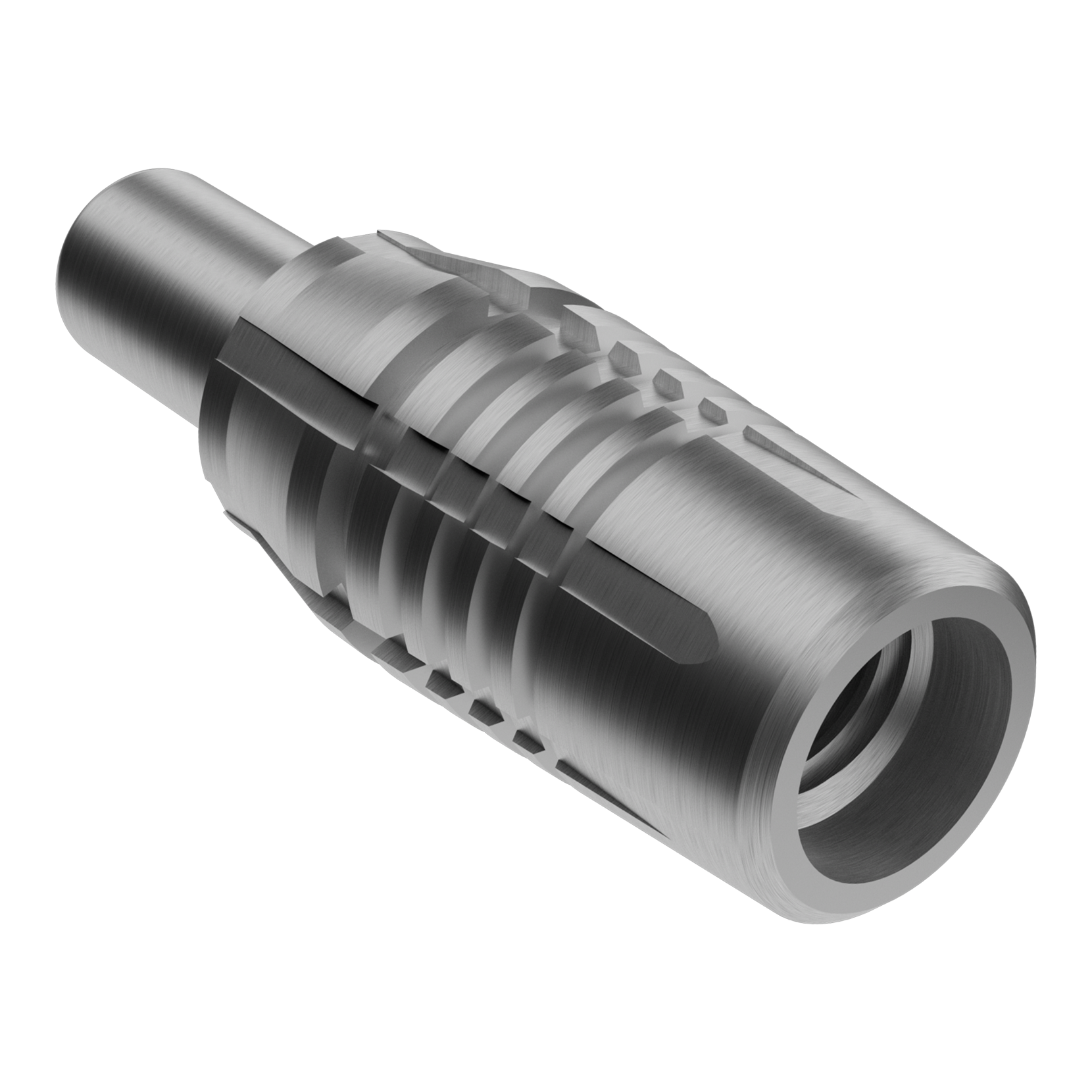Shot Threadhead Point Adapter Ein einzelner Adapter für Dartspitzen in Silber ist abgebildet. Das Produkt ist robust gefertigt.