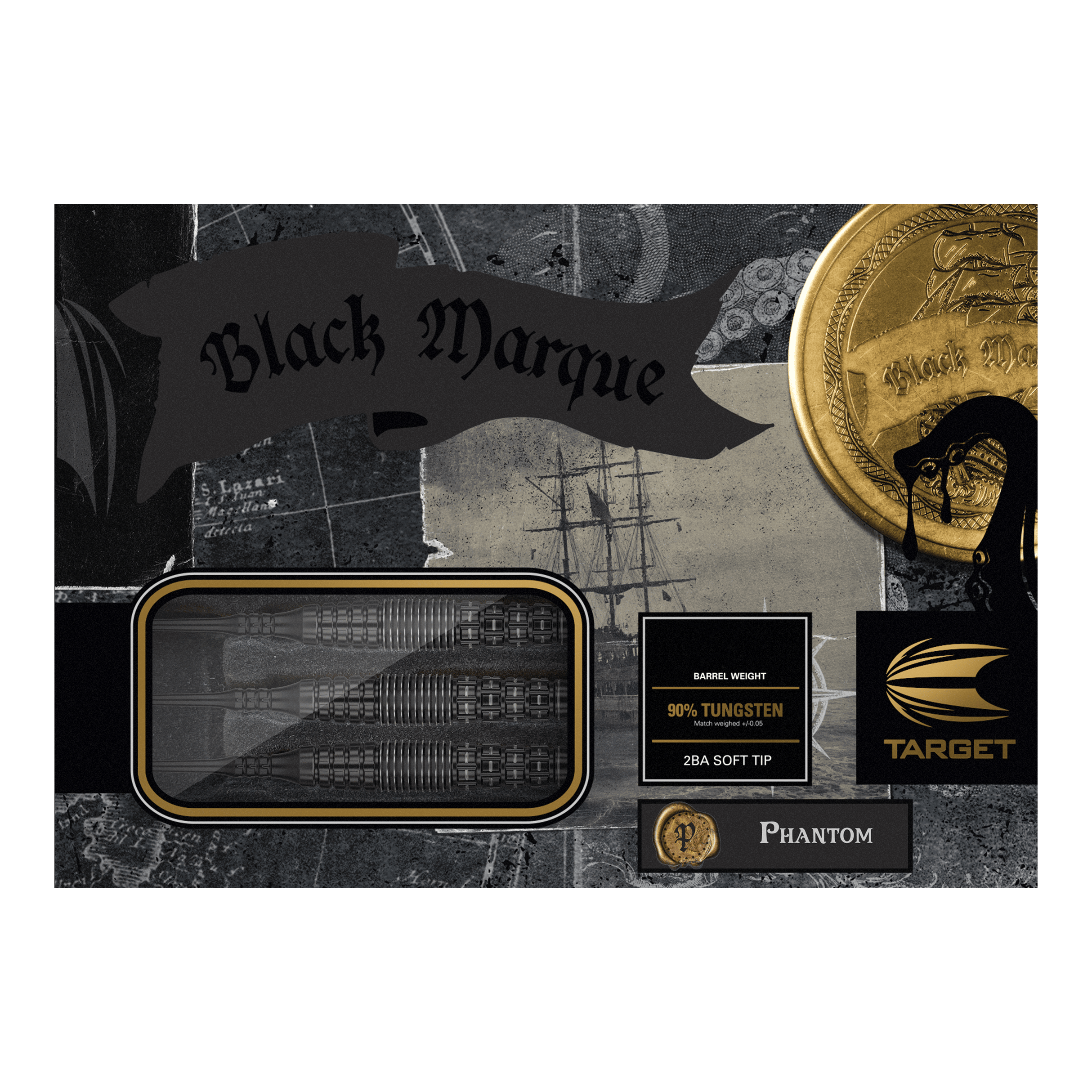Target Japan Black Marque Phantom Soft Darts - 18g Das Bild zeigt die Verpackung der "Target Japan Black Marque Phantom Softdarts - 18g". Die Darts bestehen zu 90% aus Wolfram und haben eine 2BA Softspitze.