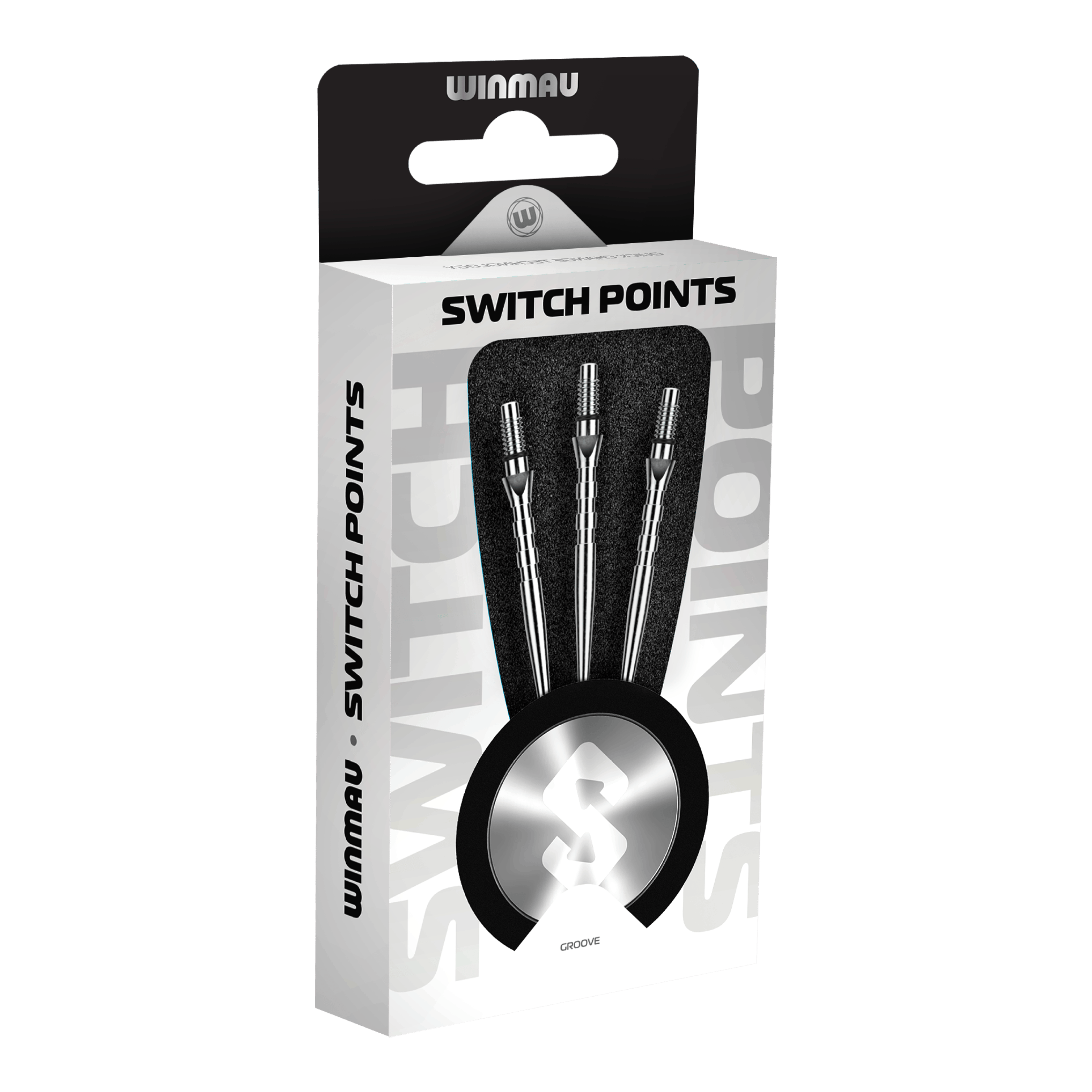 Das Bild zeigt Winmau Switch Point Groove Steeldartspitzen im Silver Effect. Die Dartspitzen besitzen Rillen und eine silberne Oberfläche.