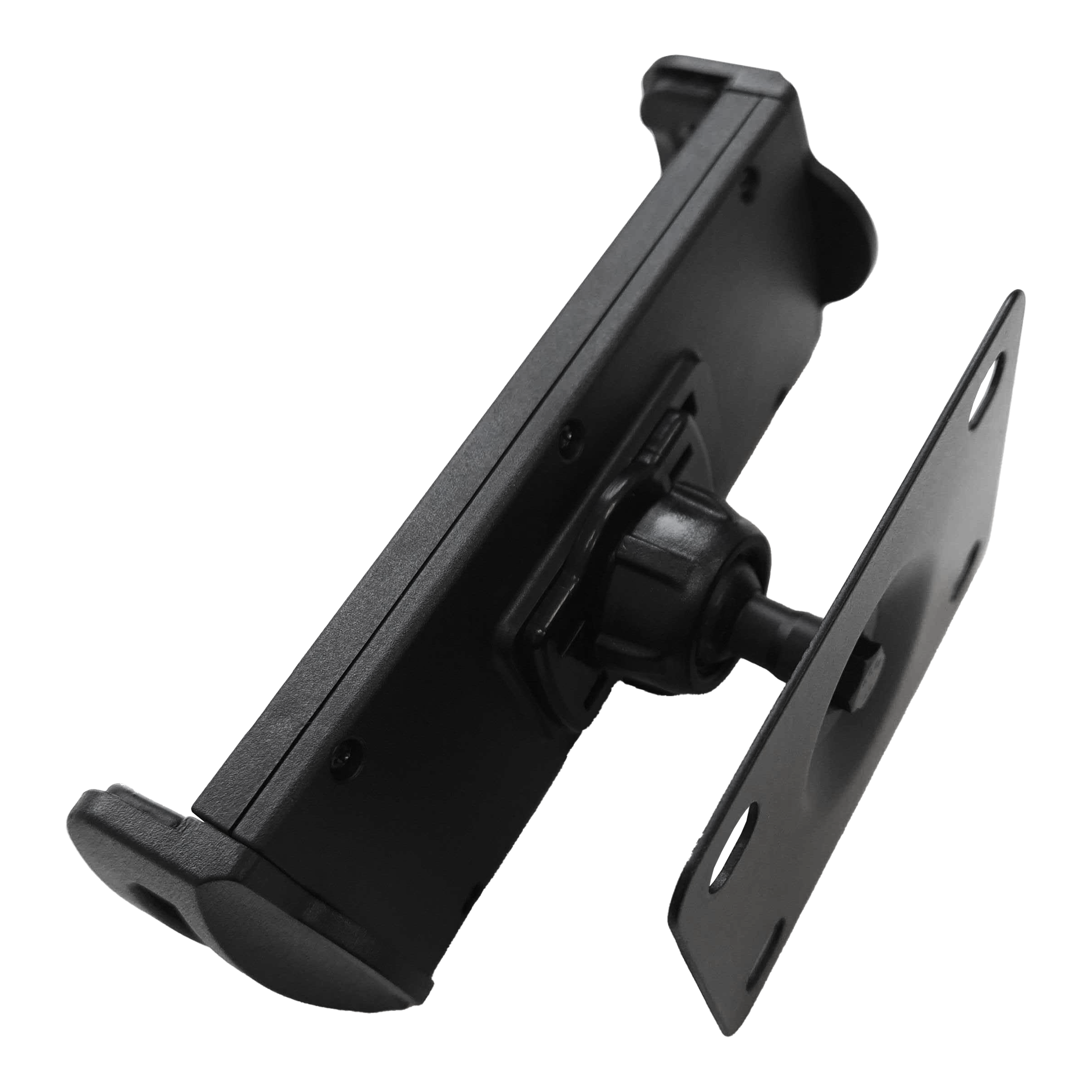 Dies ist die McDart TABSteady Tablet Wandhalterung. Sie besteht aus stabilem schwarzen Material und eignet sich zur sicheren Befestigung eines Tablets an der Wand.