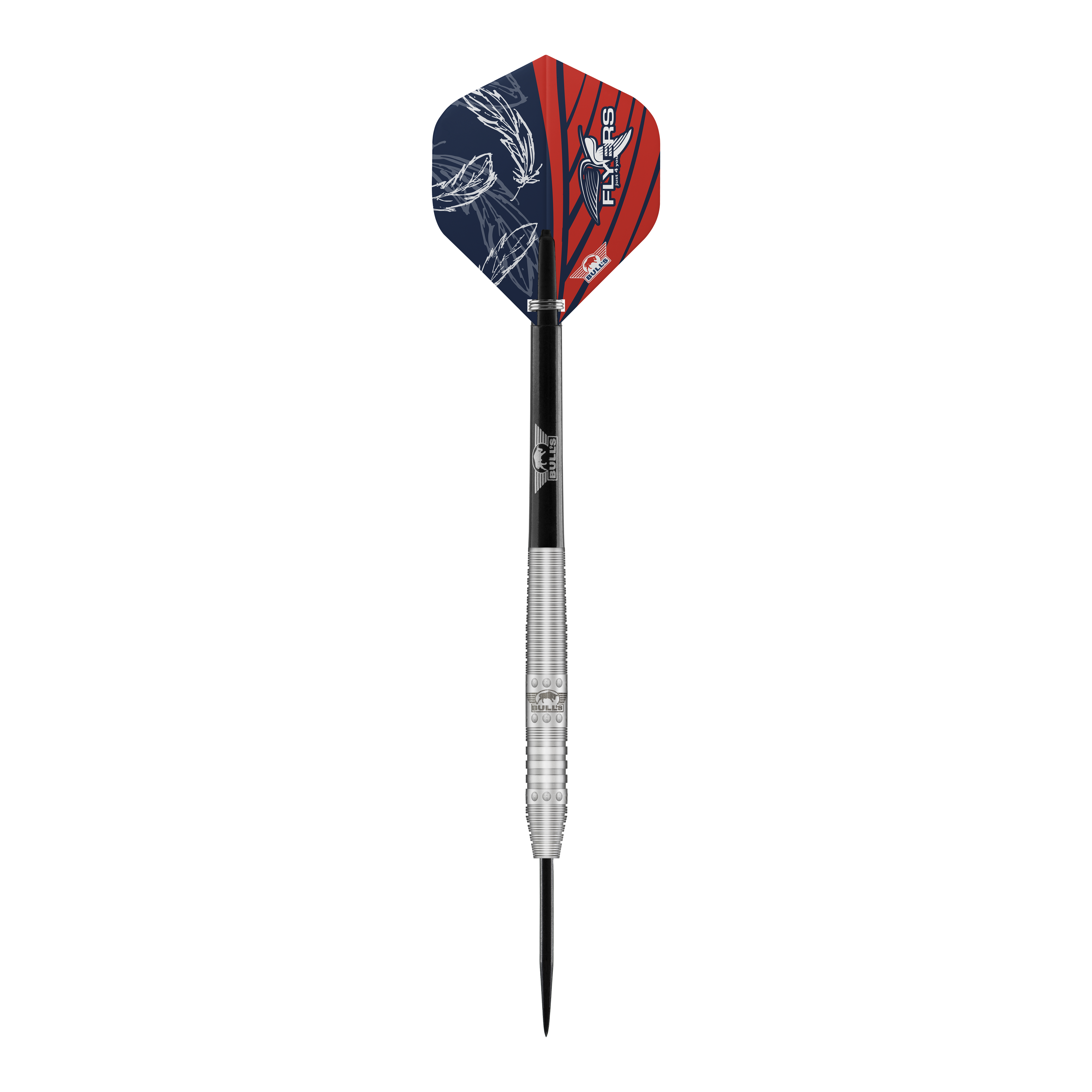 Bulls NL Richard Veenstra 80 steel darts - 23g Das Bild zeigt einen Steeldartpfeil namens "Bulls NL Richard Veenstra 80 Steeldarts - 23g". Der Dart hat eine silberne, gerillte Spitze und bunte Flights in Blau und Rot mit weißen Mustern.