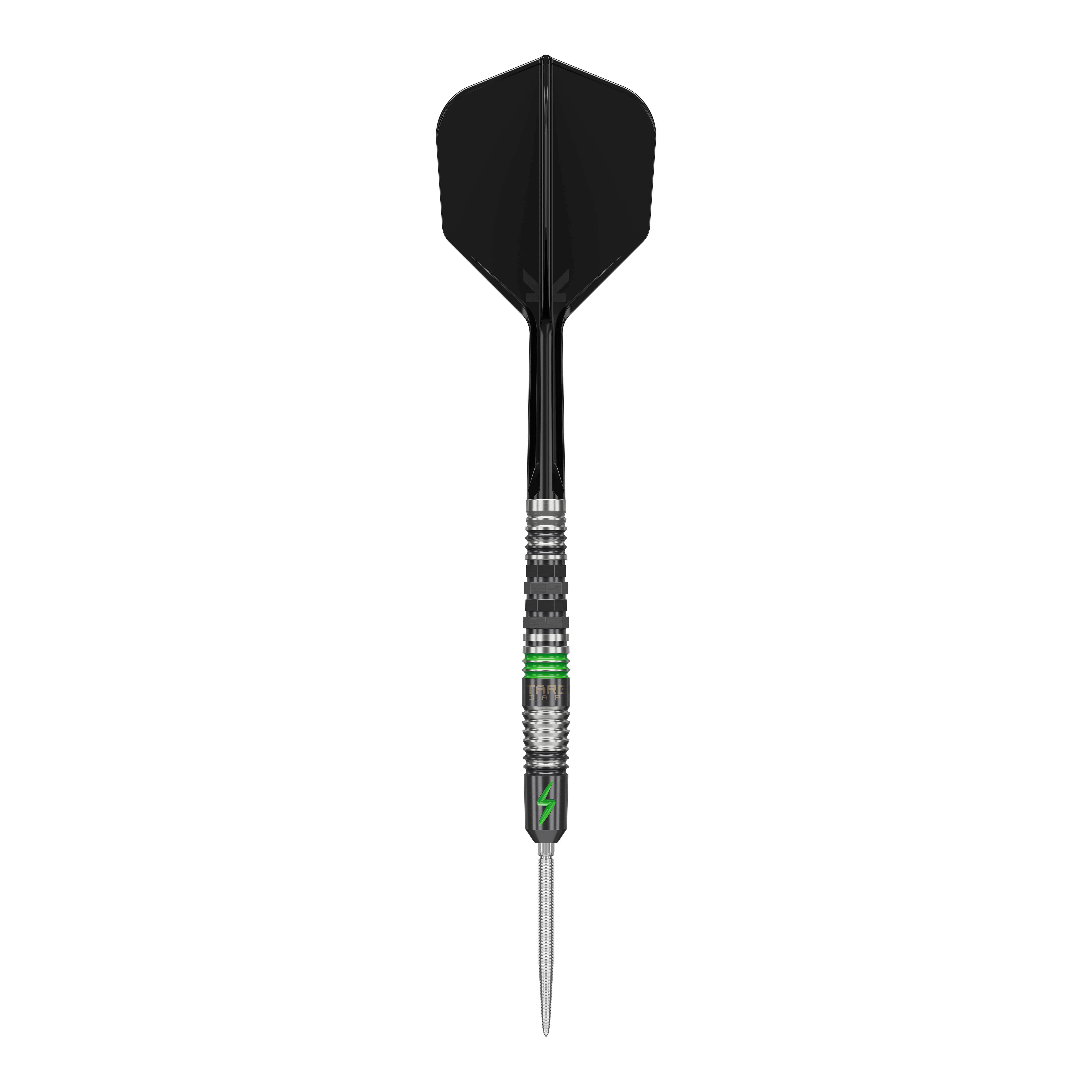 Target Japan Black Marque Lightning 3 SP steel darts Das Bild zeigt einen Target Japan Black Marque Lightning 3 SP Steeldart. Der Dartpfeil hat ein schwarzes Flight und Details in Silber und Grün am Schaft.