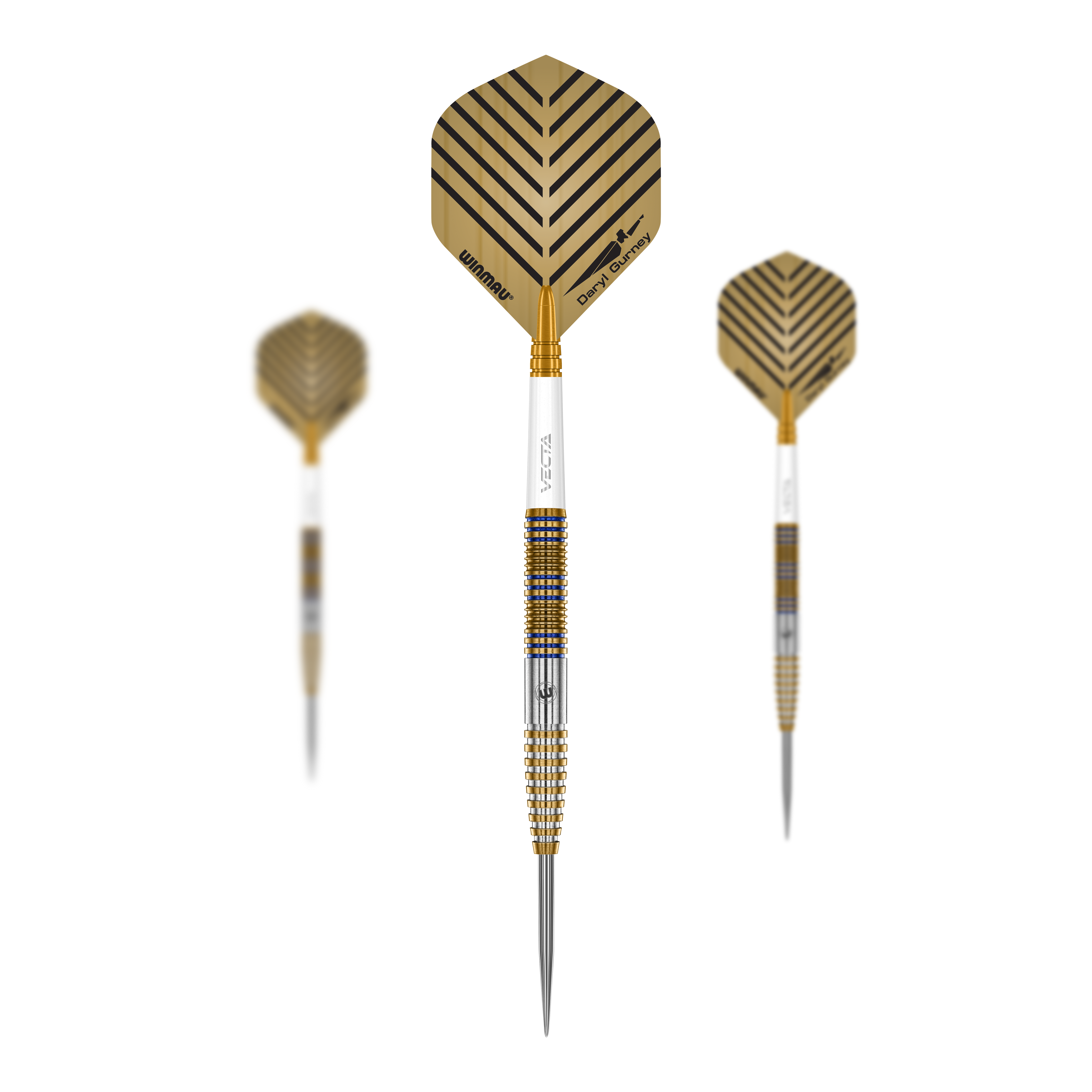 Hier sieht man das Winmau Daryl Gurney Signature Edition Steeldarts - 23g Set. Es eignet sich ideal für Turniere oder das Training zuhause.
