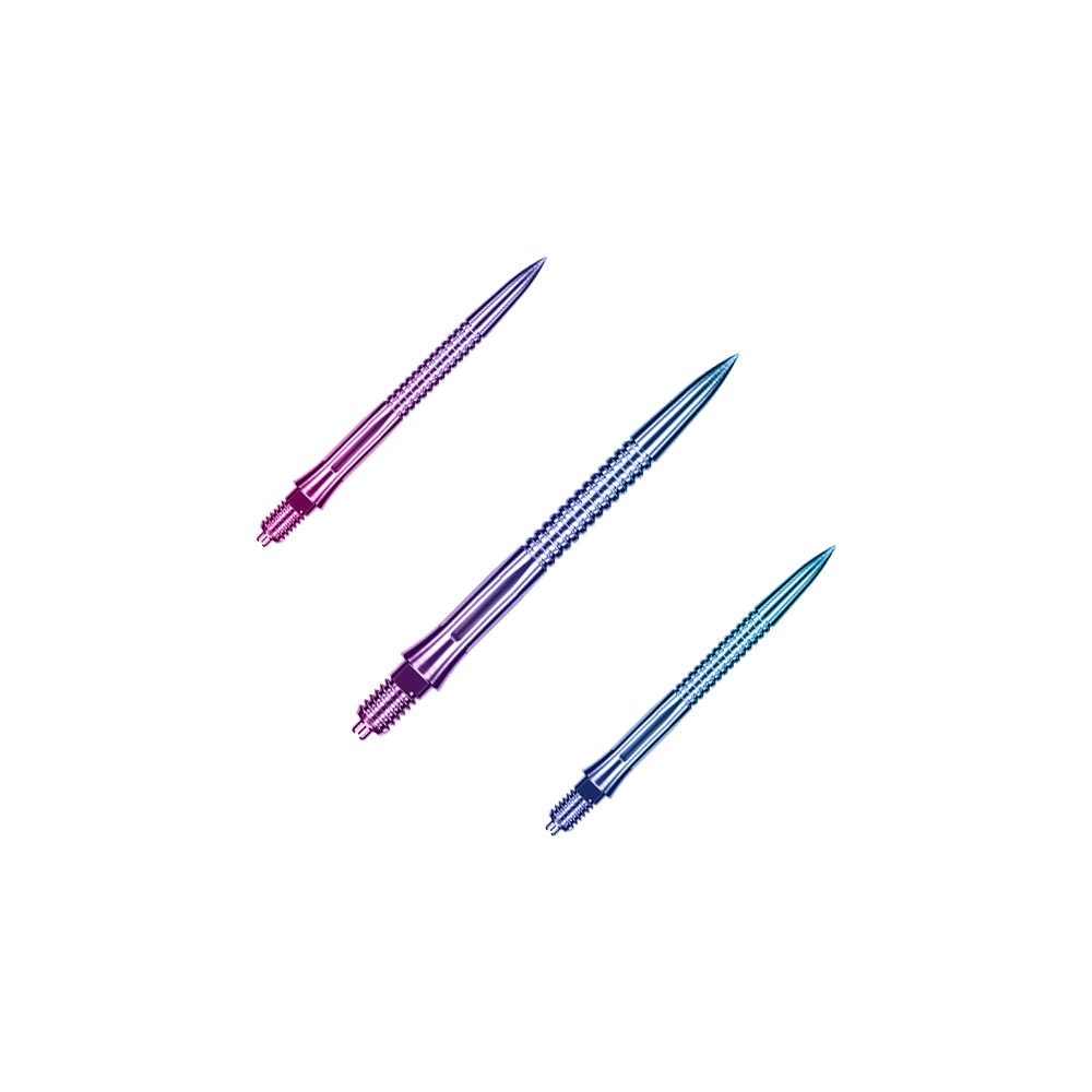 Das Bild zeigt EVO205 Caliburn EZ-EVO Dartspitzen Grooved Rainbow 28mm als Set. Es handelt sich um mehrfarbige Dartspitzen mit Rillenstruktur.