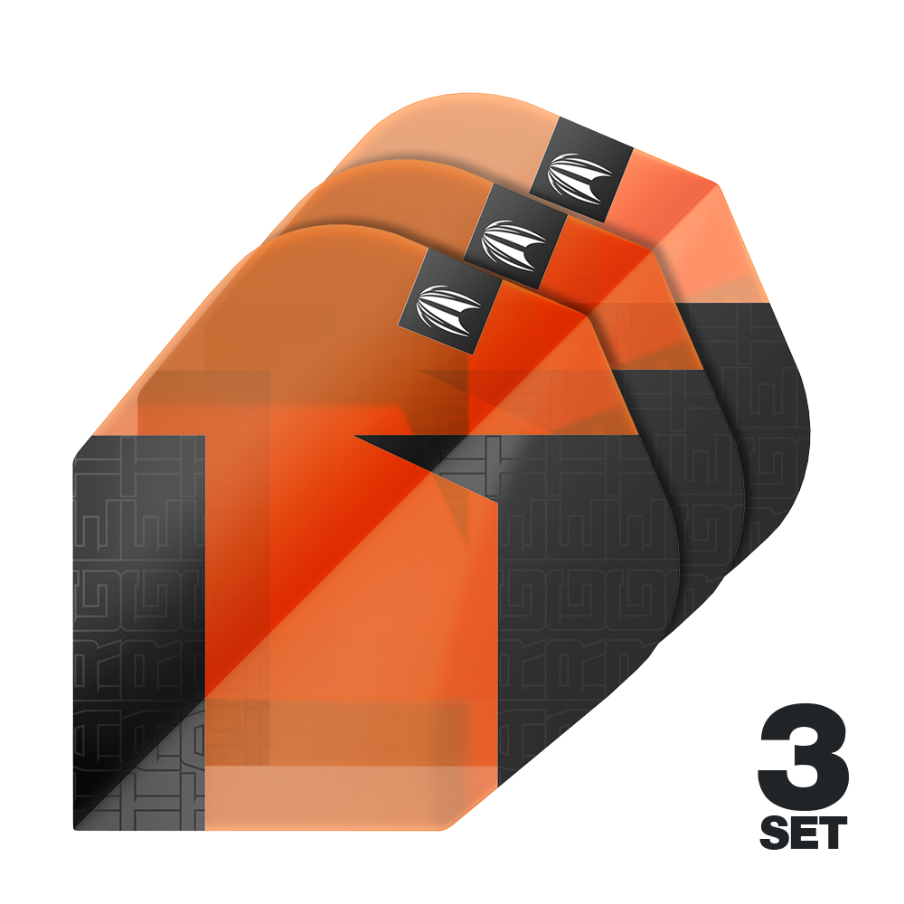 Target Pro Ultra TAG Orange No6 Standard Flights - 3 Sets Das Bild zeigt drei Sätze orangefarbener Dart-Flights mit schwarzem Muster. In der rechten unteren Ecke steht "3 SET".