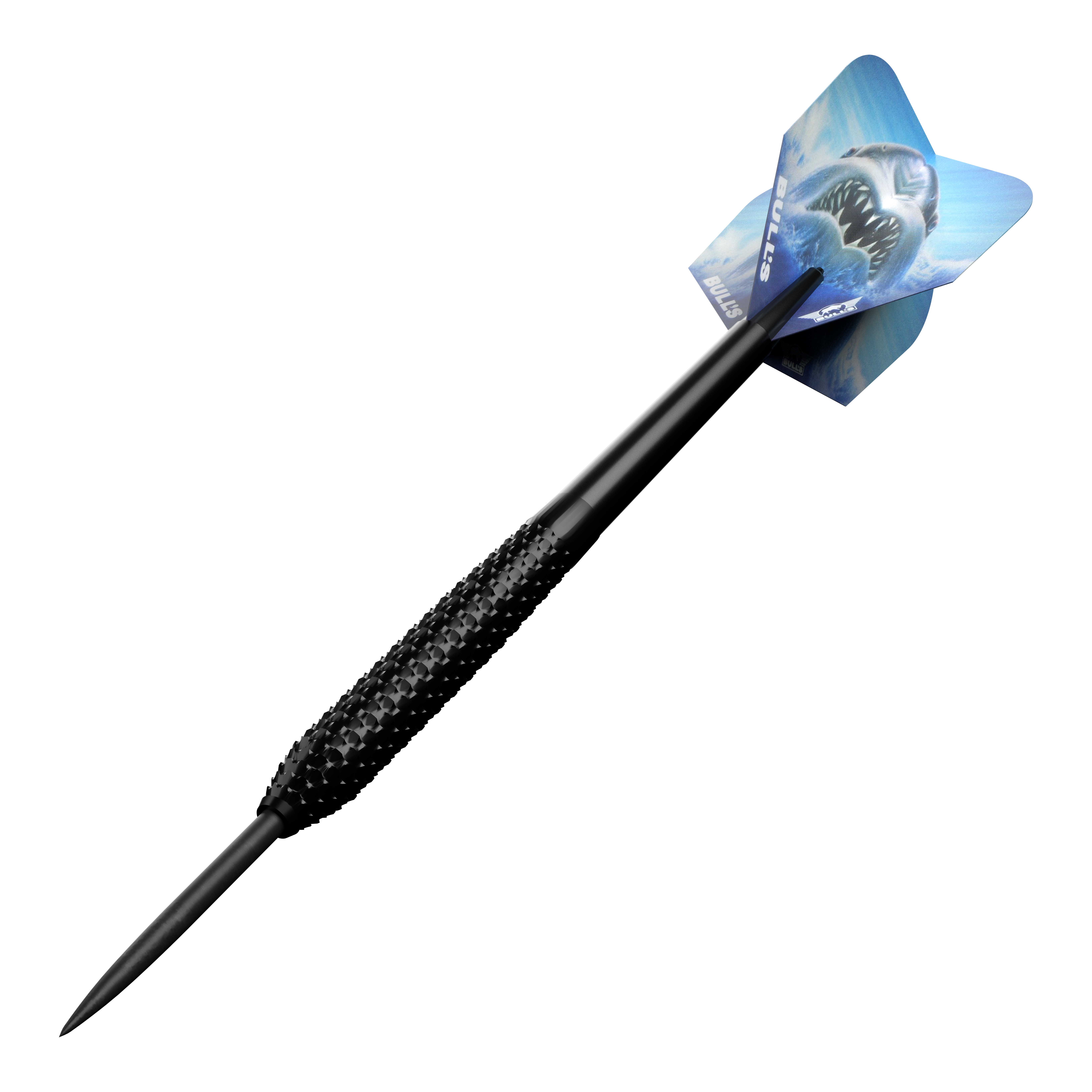 Bulls NL Shark Pro Black Steel Darts Der Bulls NL Shark Pro Black Steeldart ist ein schwarzer Steeldartpfeil mit einer strukturierten Griffzone. Auf dem Flight ist ein bedrohlicher Hai abgebildet.